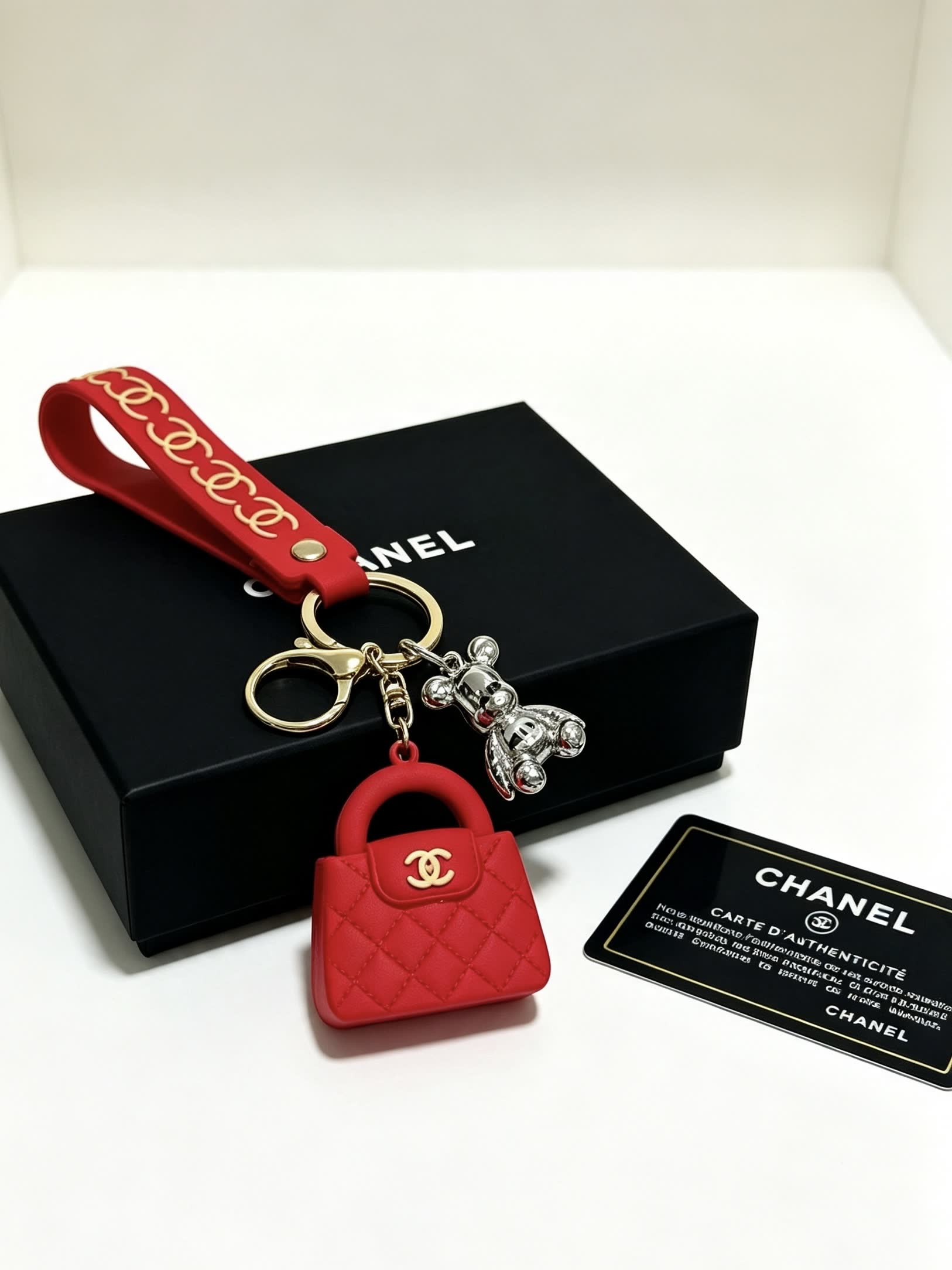 Chanel Red Quilted Leather Keychain with Gold CC Logo
