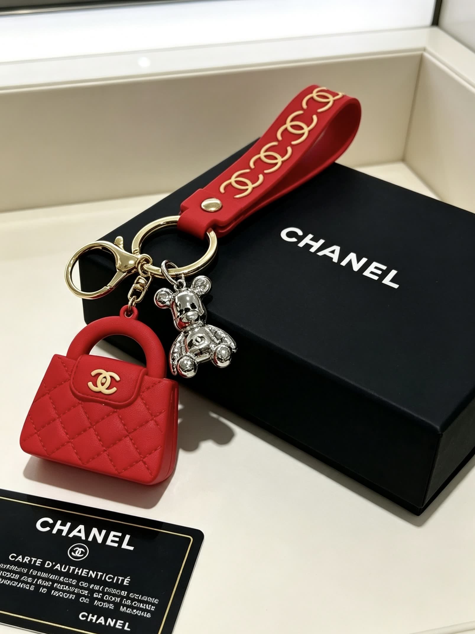 Chanel Red Quilted Leather Keychain with Gold CC Logo