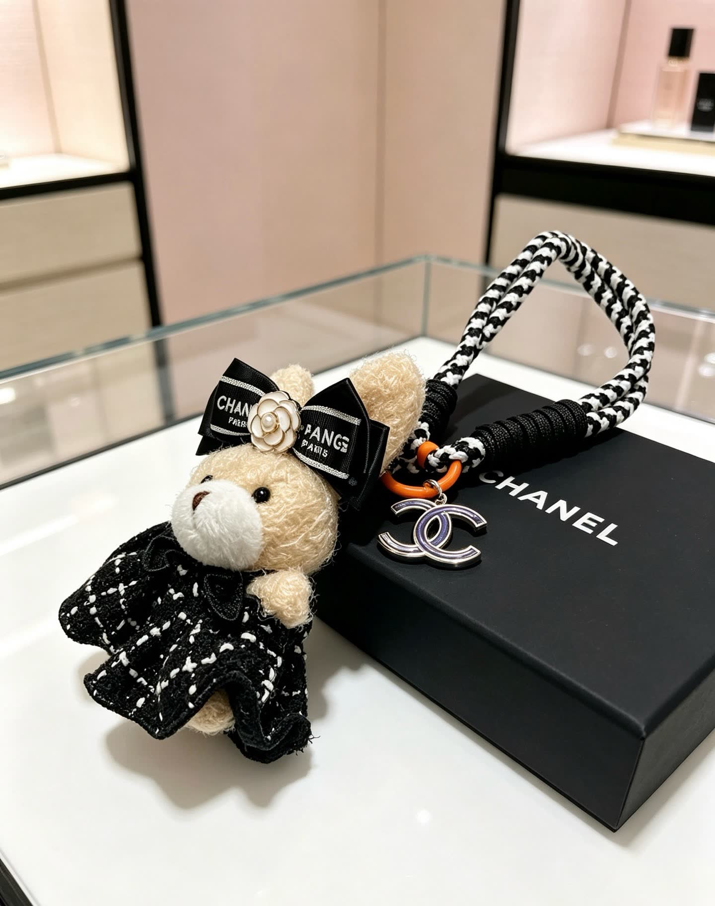 Chanel Bear Charm with Black and White Rope Strap