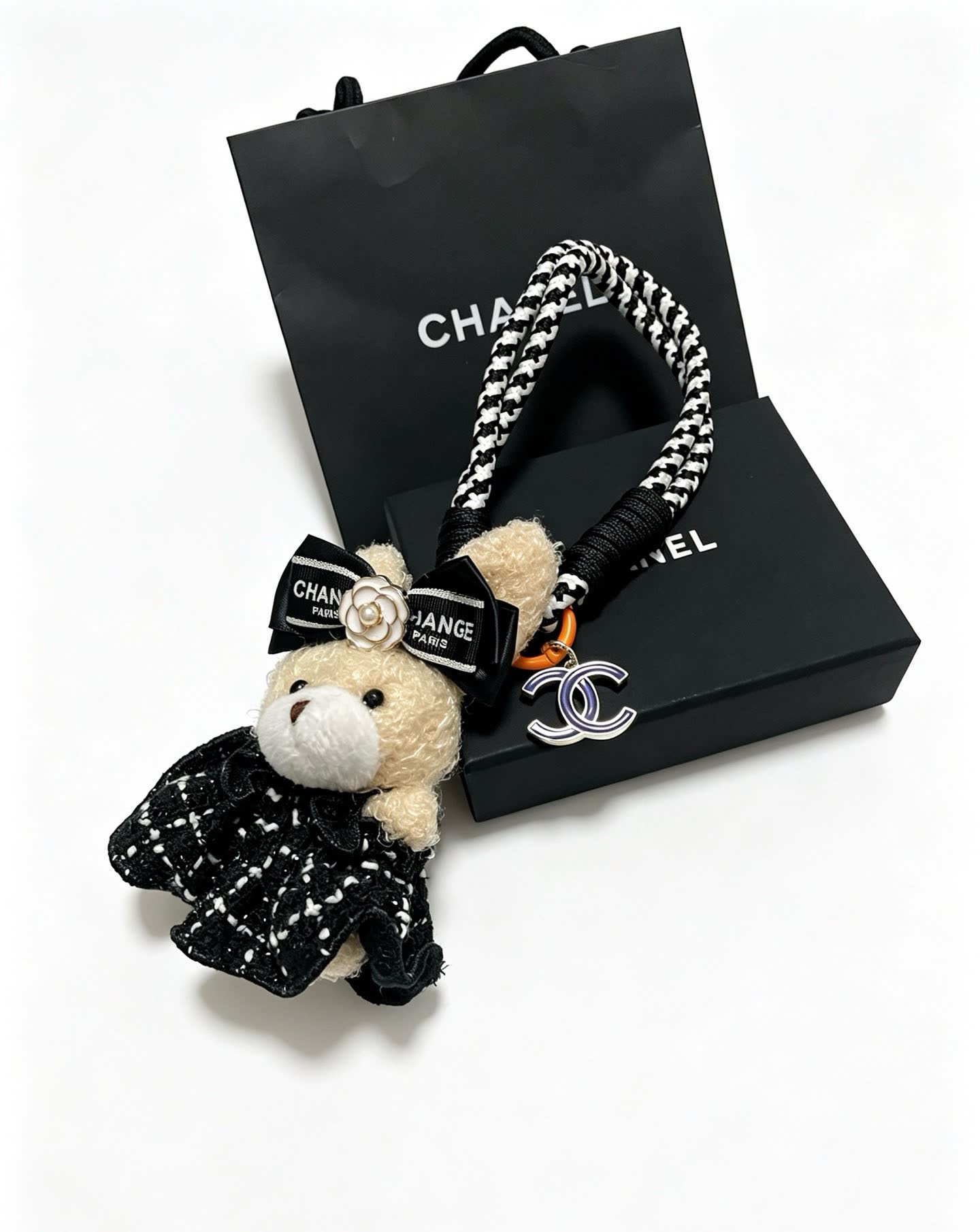 Chanel Bear Charm with Black and White Rope Strap