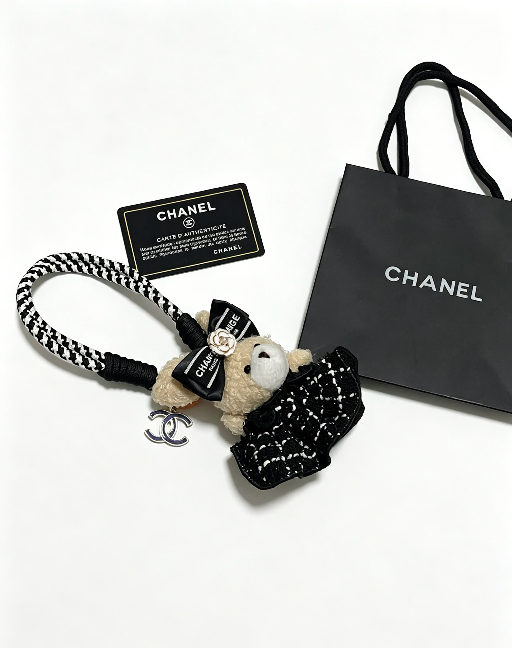 Chanel Bear Charm with Black and White Rope Strap