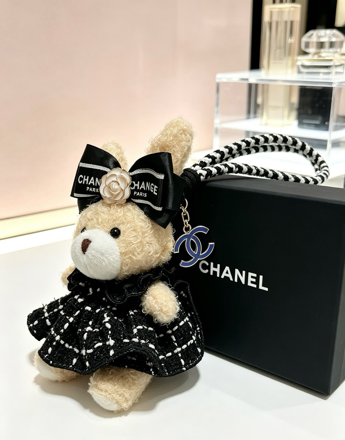 Chanel Bear Charm with Black and White Rope Strap
