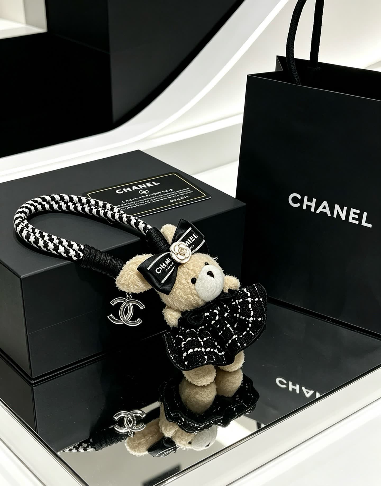 Chanel Bear Charm with Black and White Rope Strap