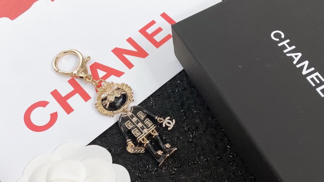 Chanel Keychain with Gold Tone and Black Enamel