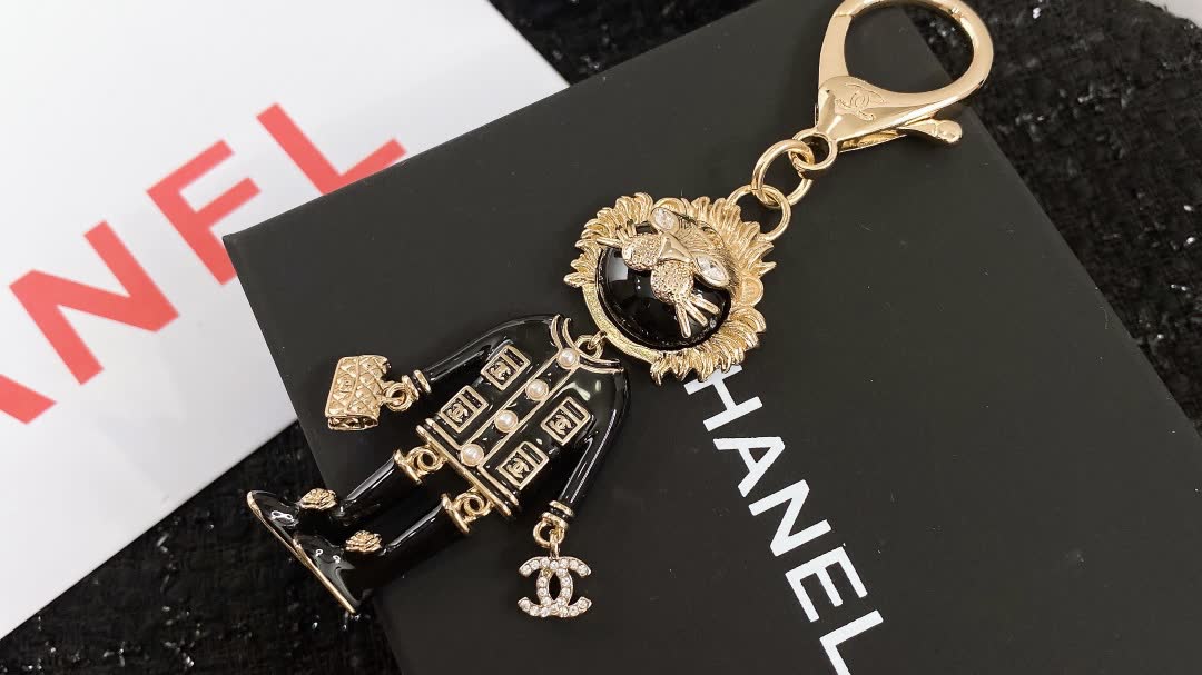 Chanel Keychain with Gold Tone and Black Enamel