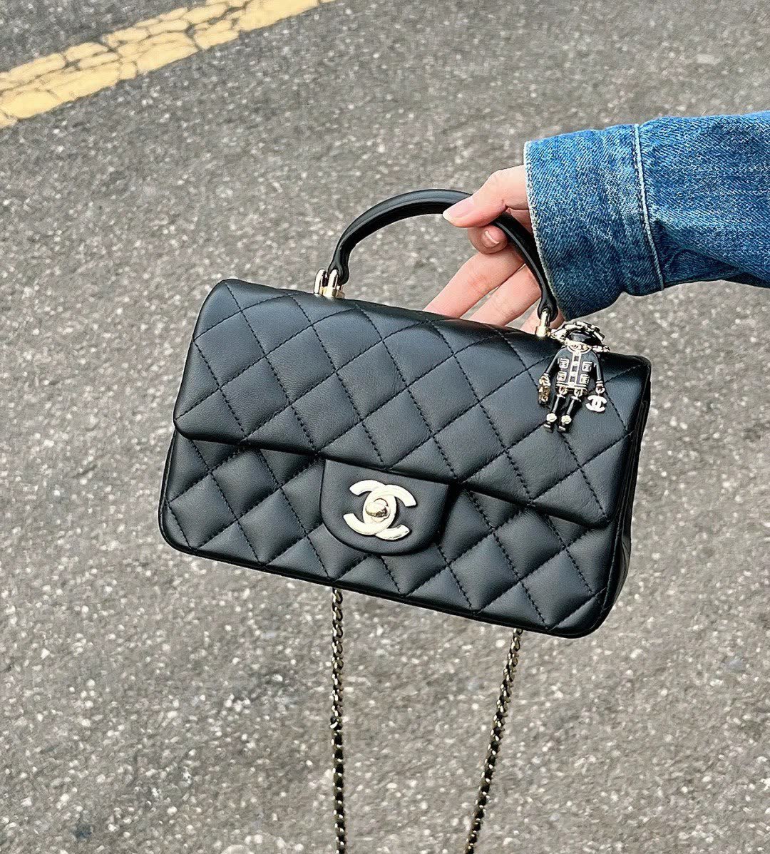 Chanel Keychain with Gold Tone and Black Enamel