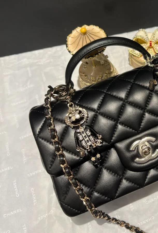 Chanel Keychain with Gold Tone and Black Enamel
