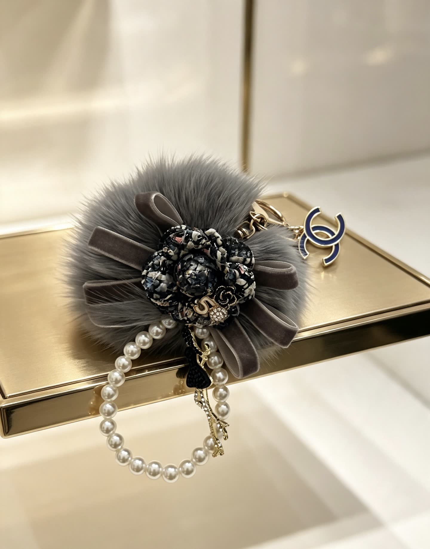 Chanel Gray Furry Charm with Pearls
