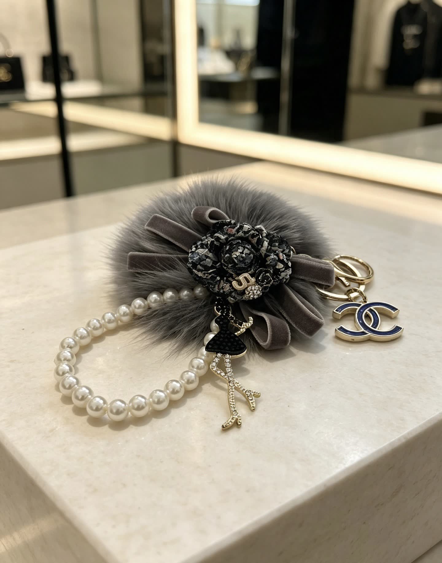Chanel Gray Furry Charm with Pearls