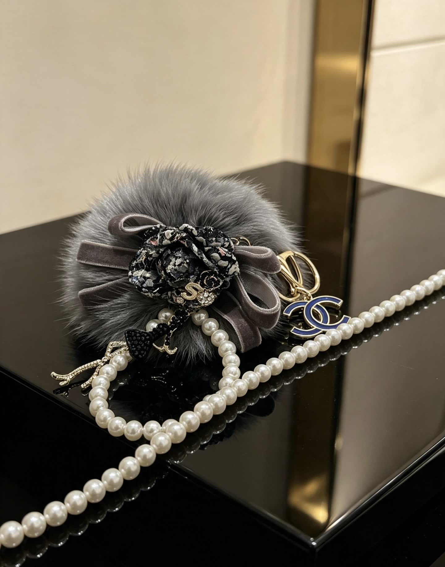 Chanel Gray Furry Charm with Pearls