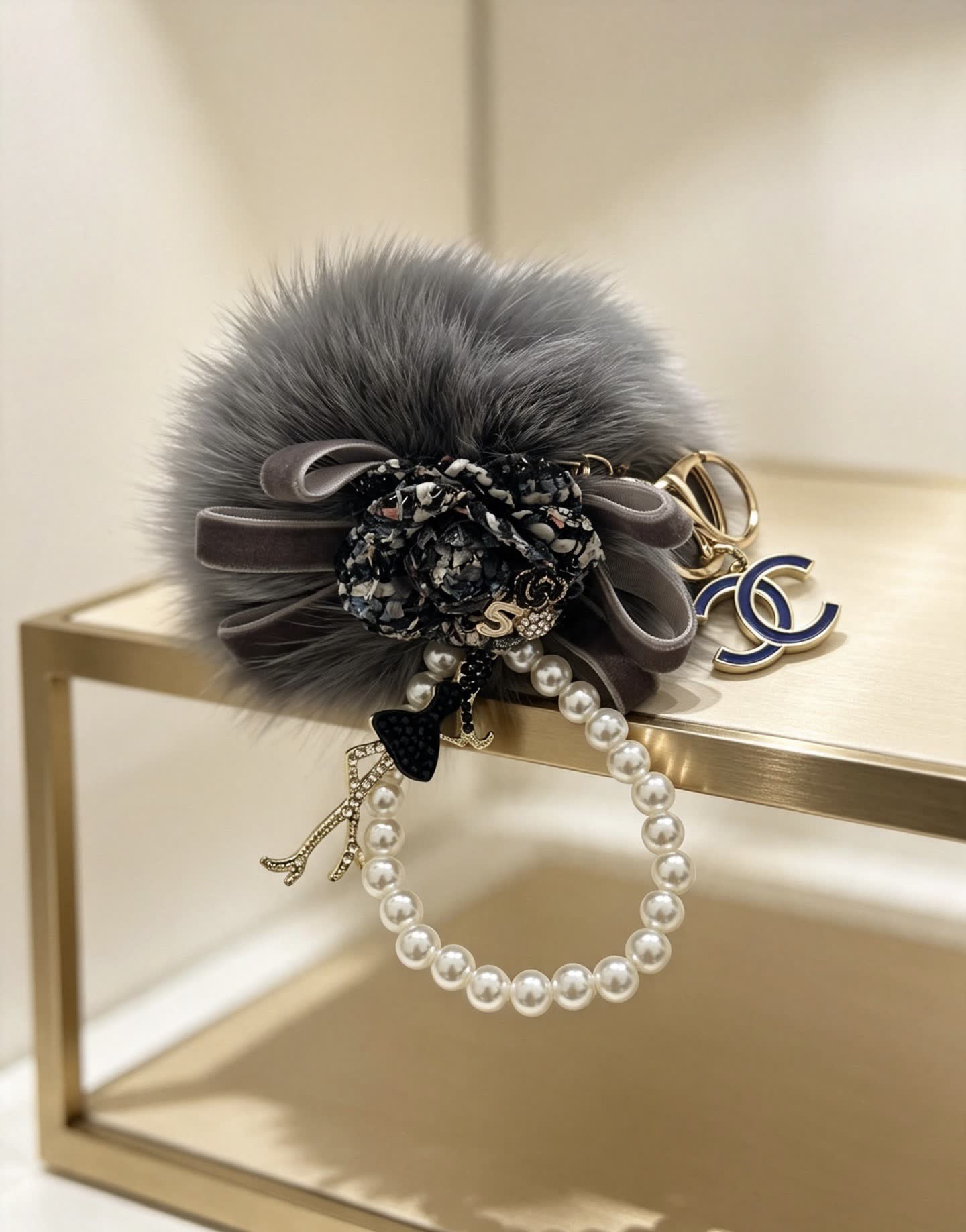 Chanel Gray Furry Charm with Pearls