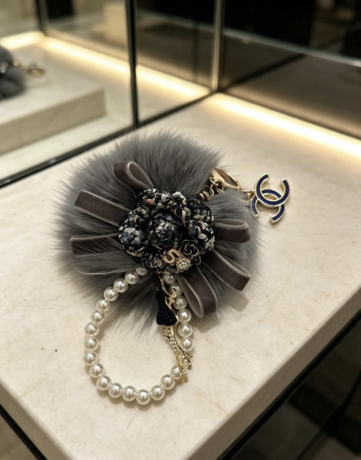 Chanel Gray Furry Charm with Pearls