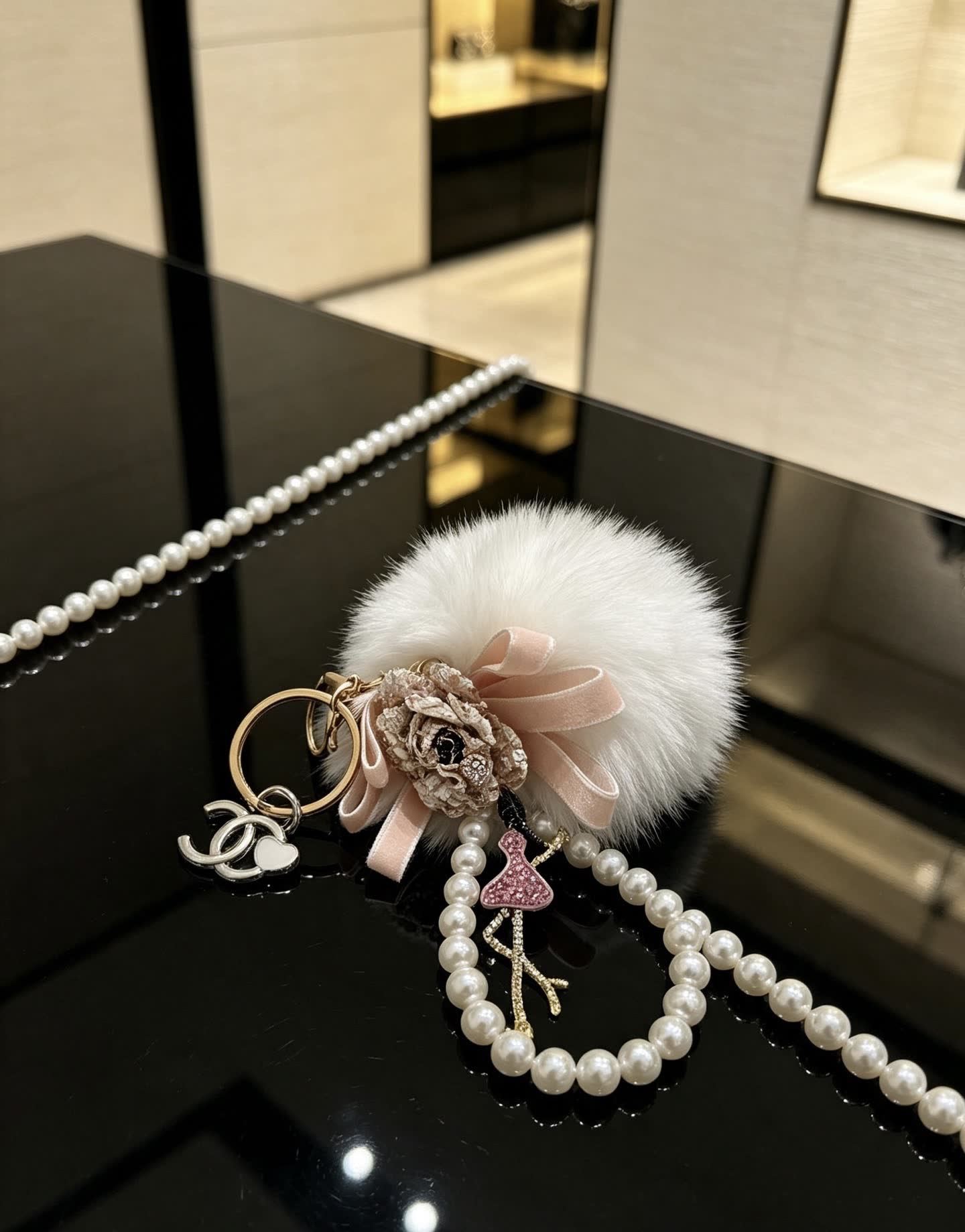 Chanel Pearl and Faux Fur Keychain