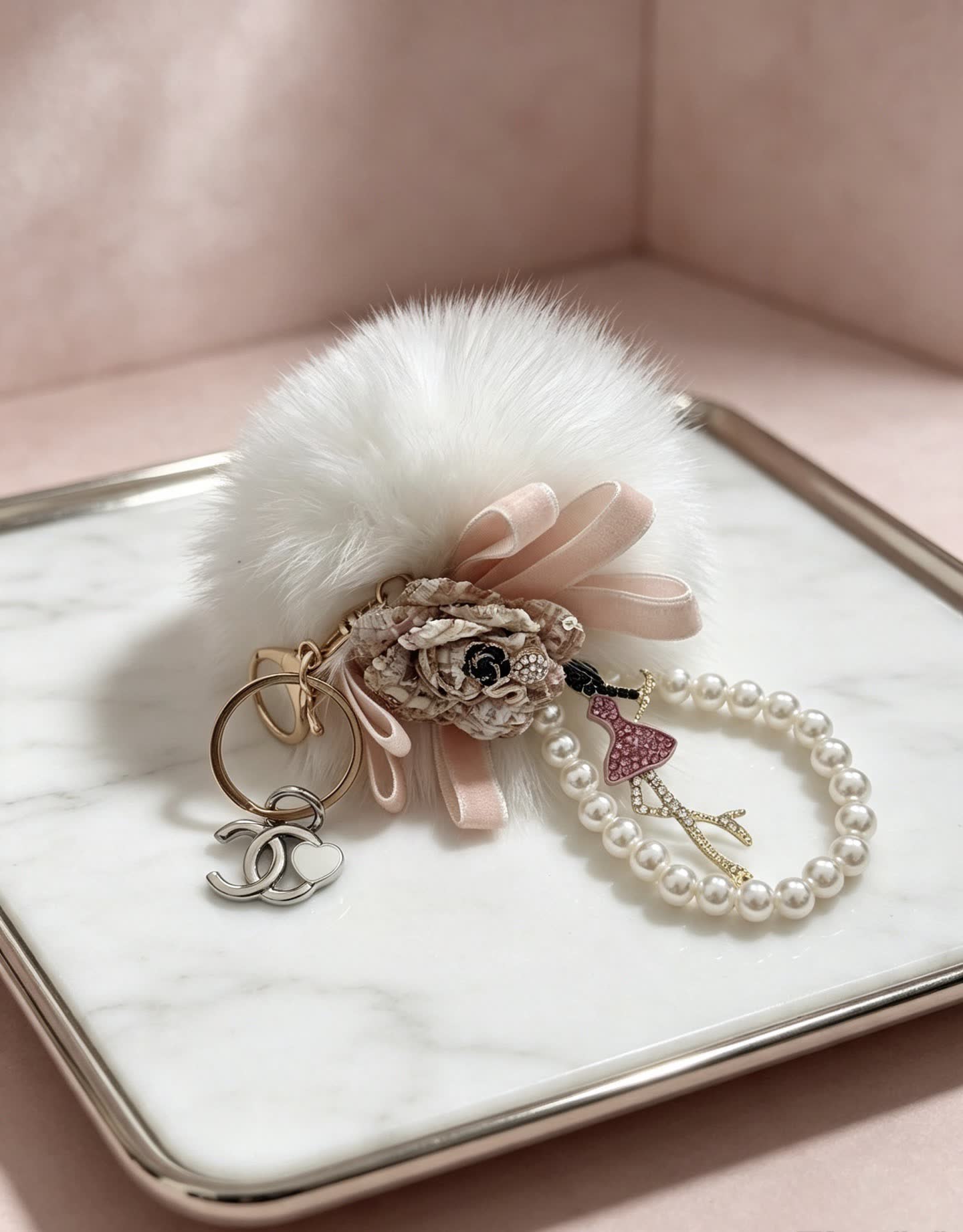 Chanel Pearl and Faux Fur Keychain