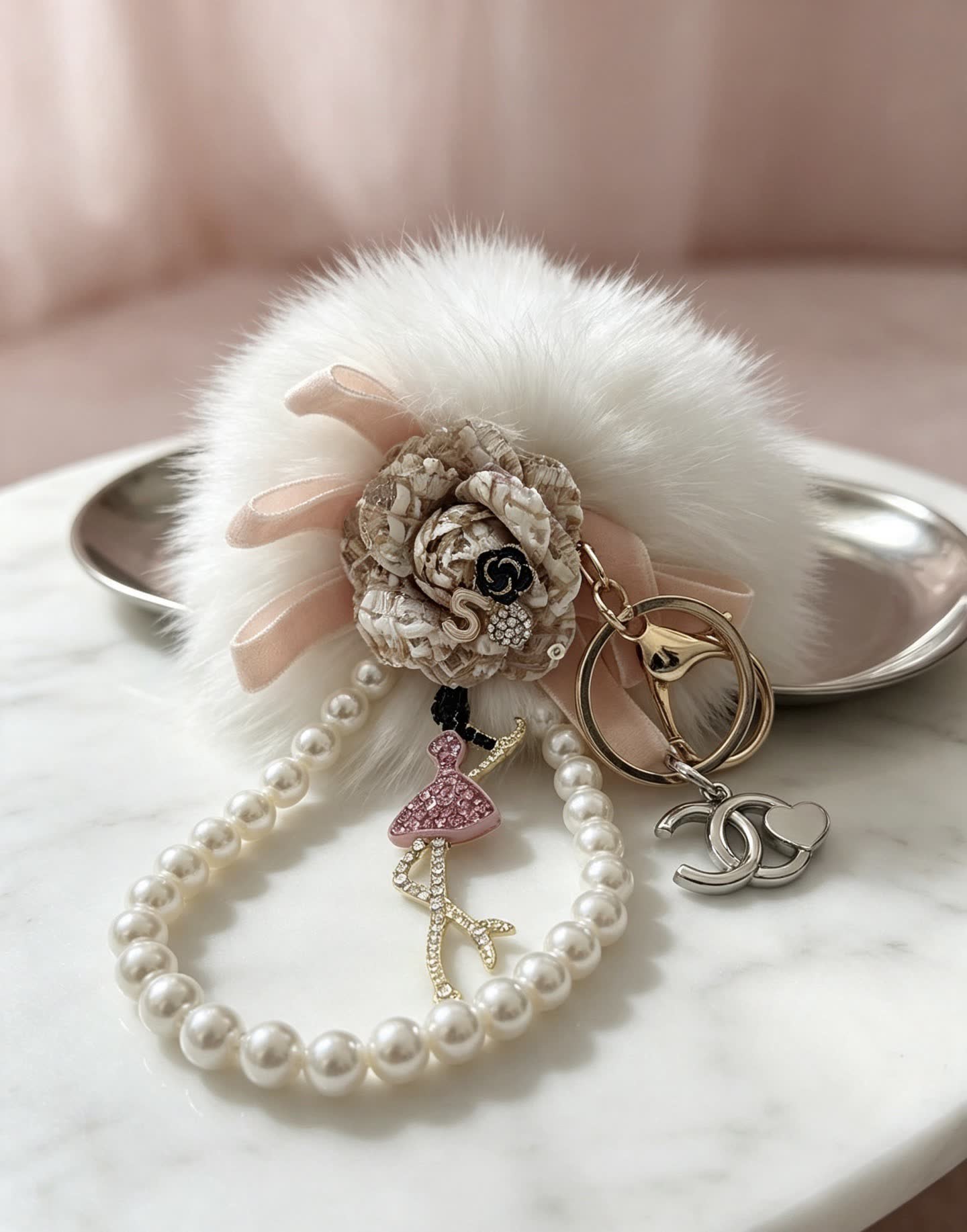 Chanel Pearl and Faux Fur Keychain