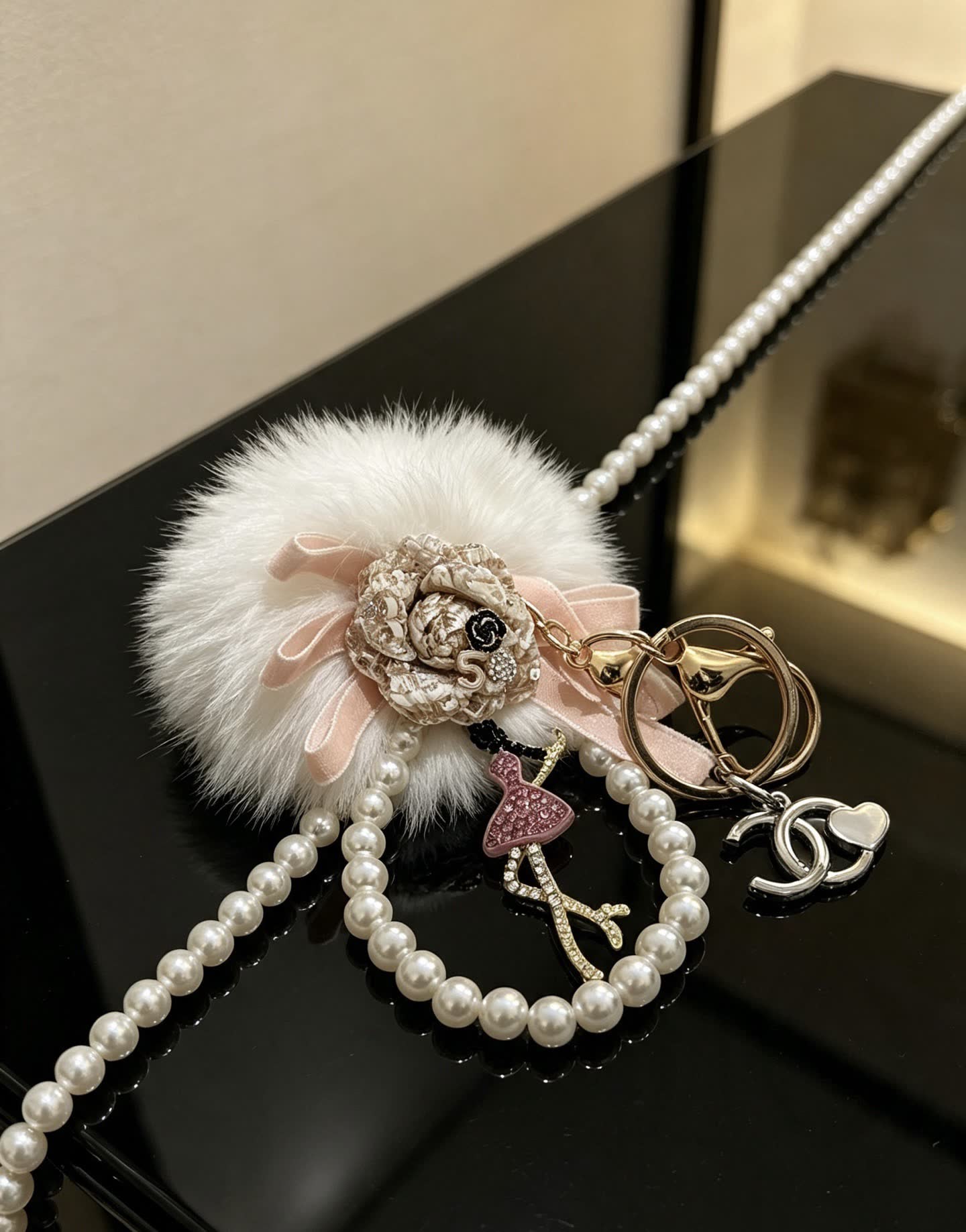 Chanel Pearl and Faux Fur Keychain