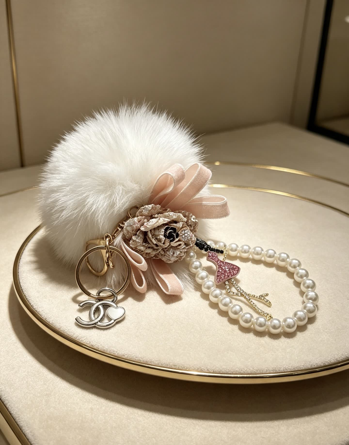 Chanel Pearl and Faux Fur Keychain