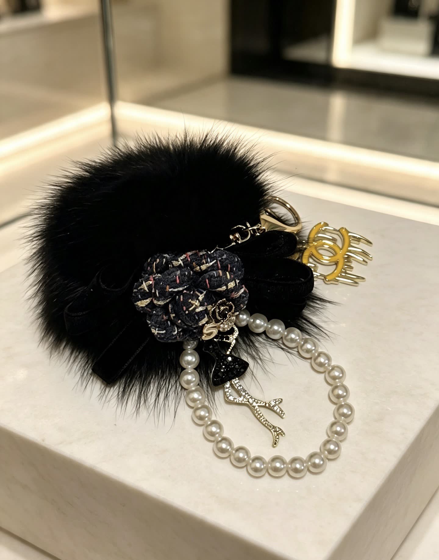 Chanel CC Logo Keychain with Pearl and Fur