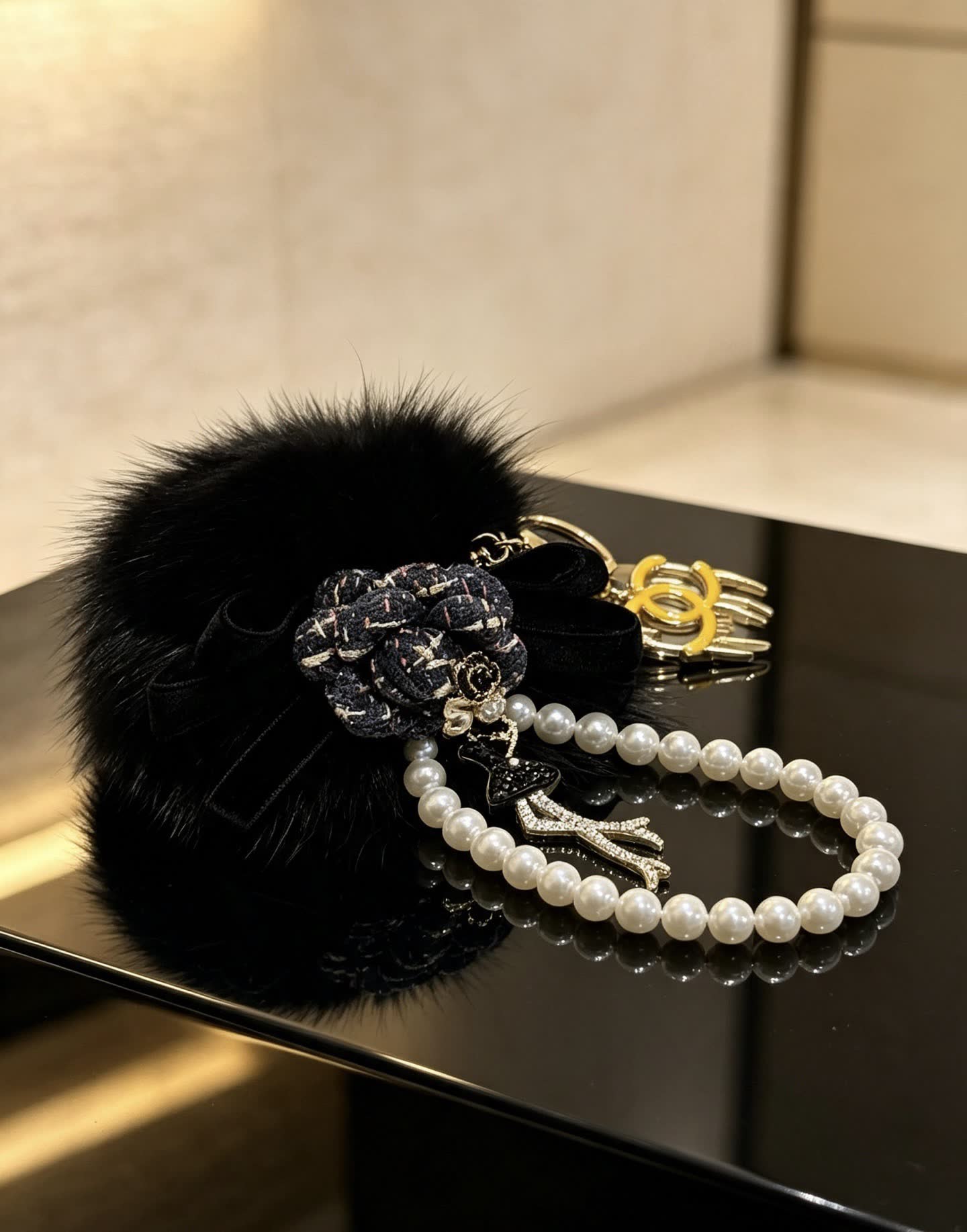 Chanel CC Logo Keychain with Pearl and Fur