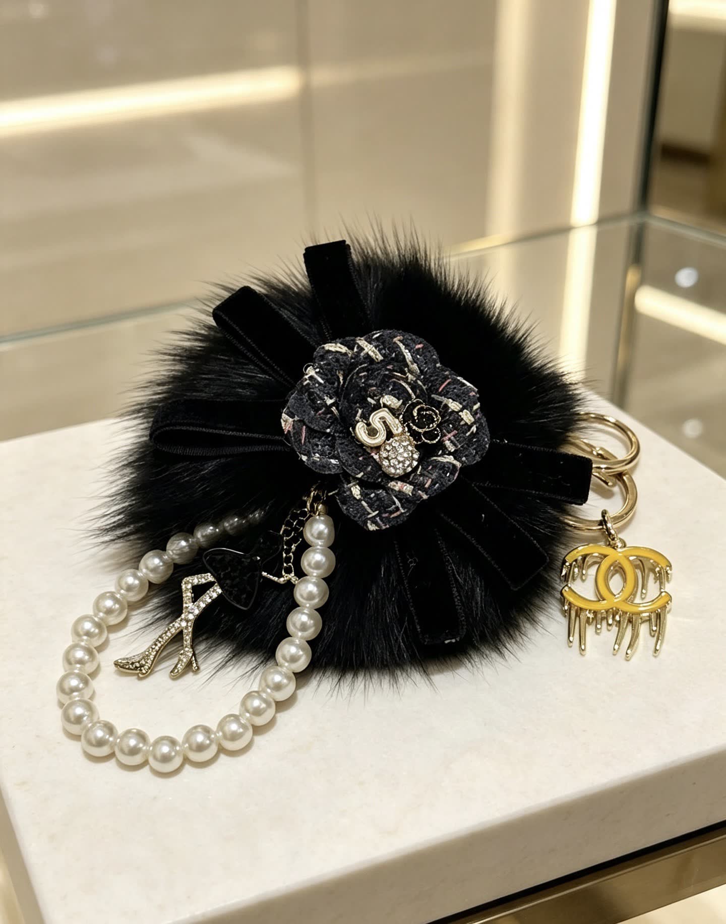 Chanel CC Logo Keychain with Pearl and Fur