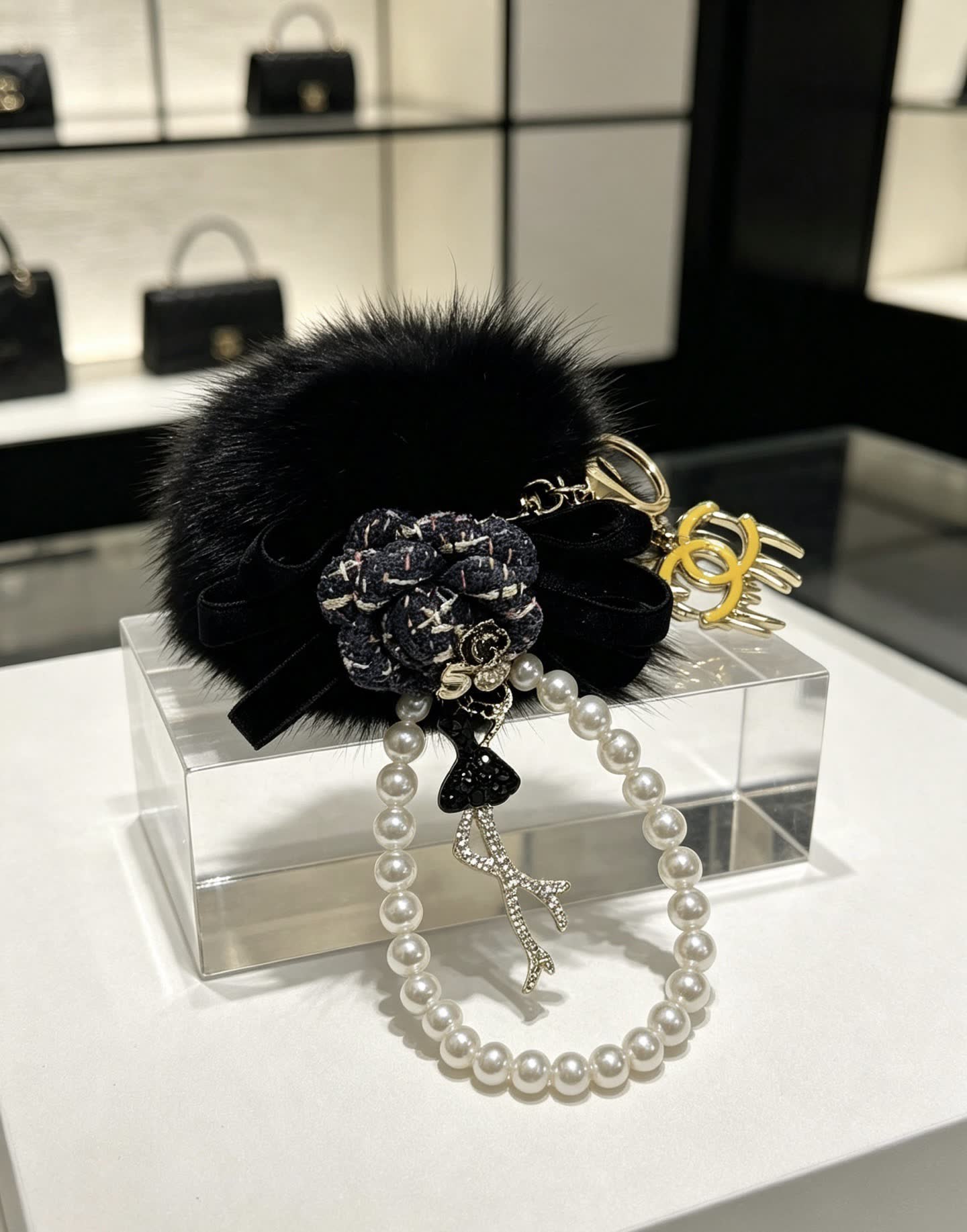 Chanel CC Logo Keychain with Pearl and Fur