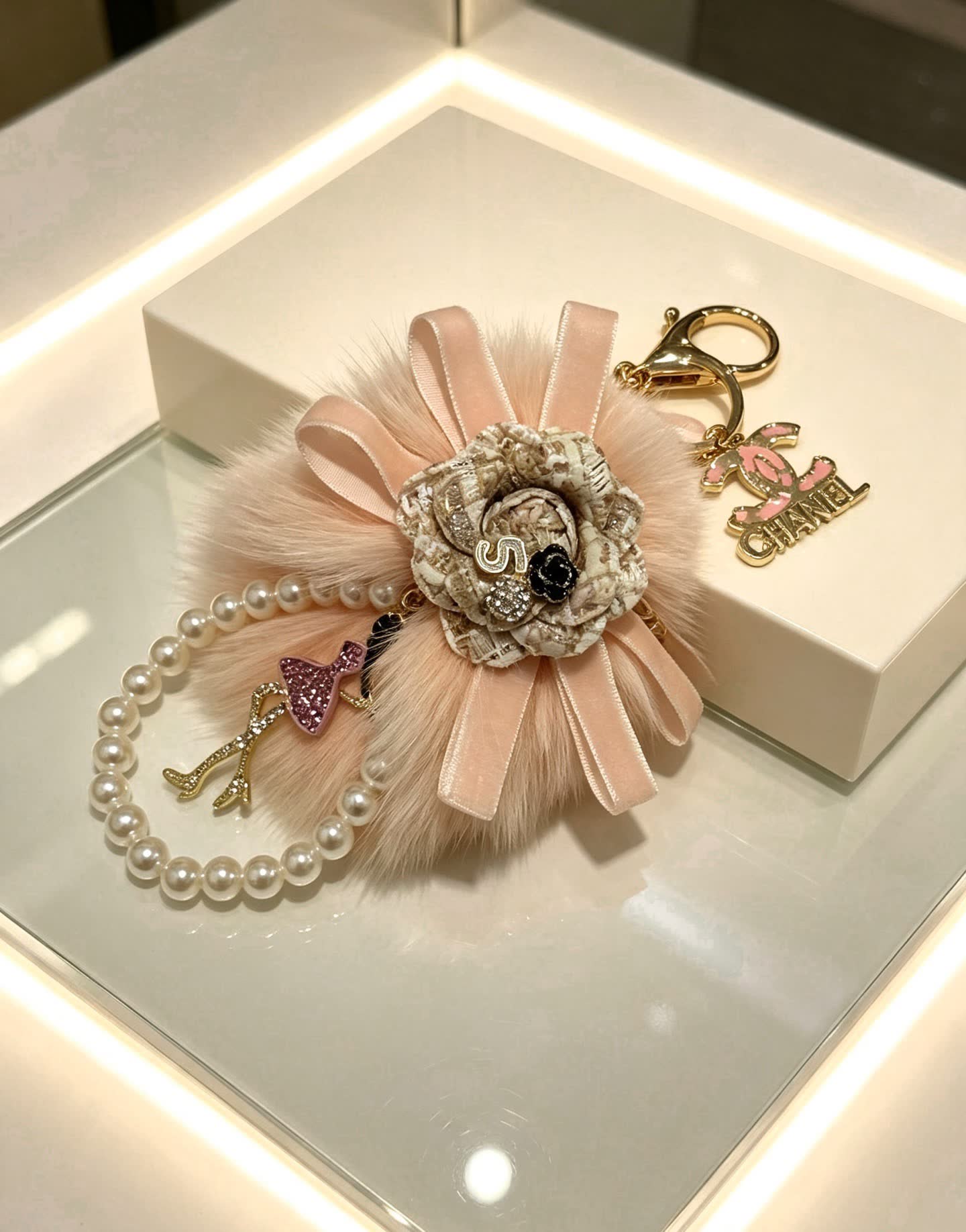 Chanel Pink Fur and Pearl Keychain