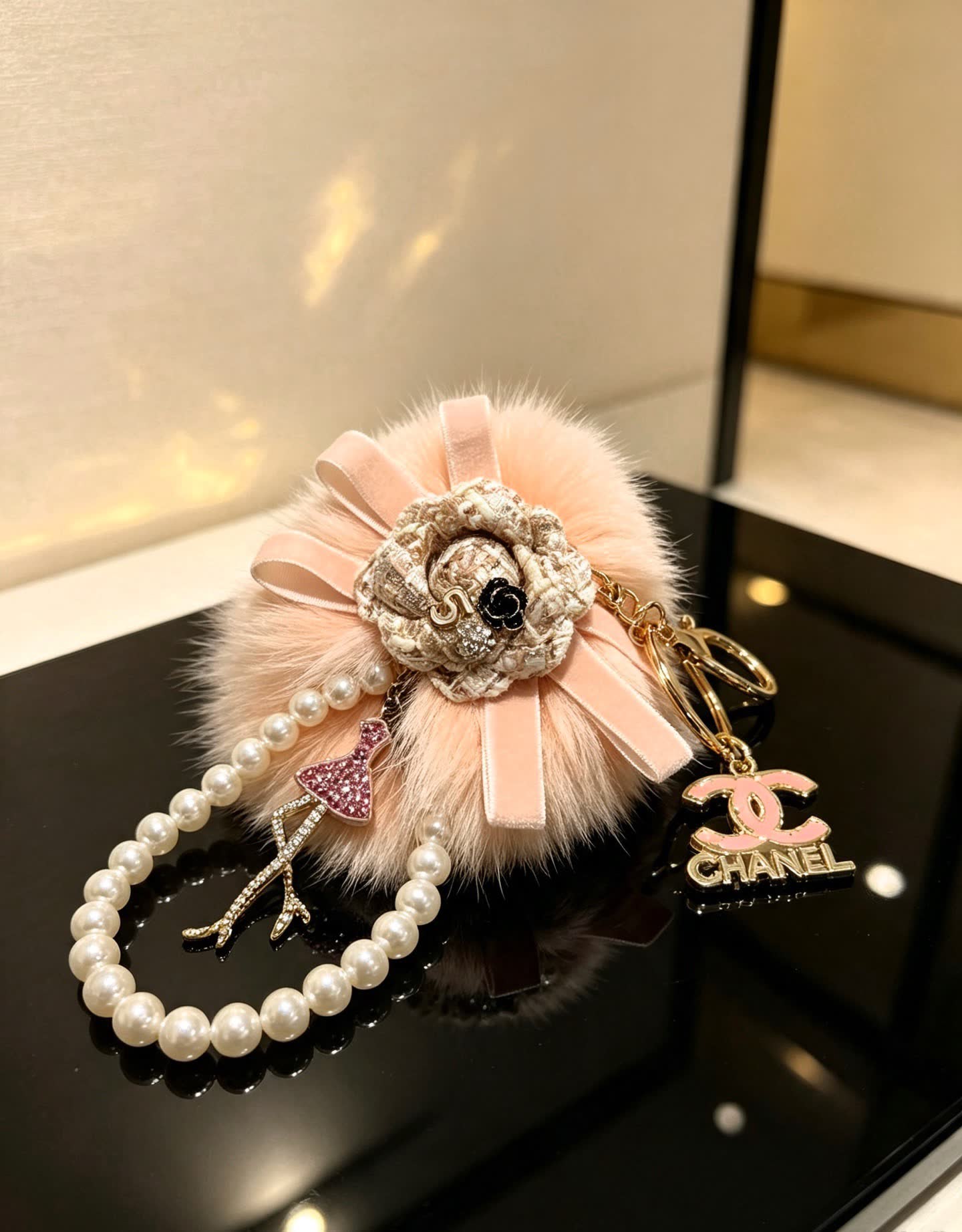 Chanel Pink Fur and Pearl Keychain