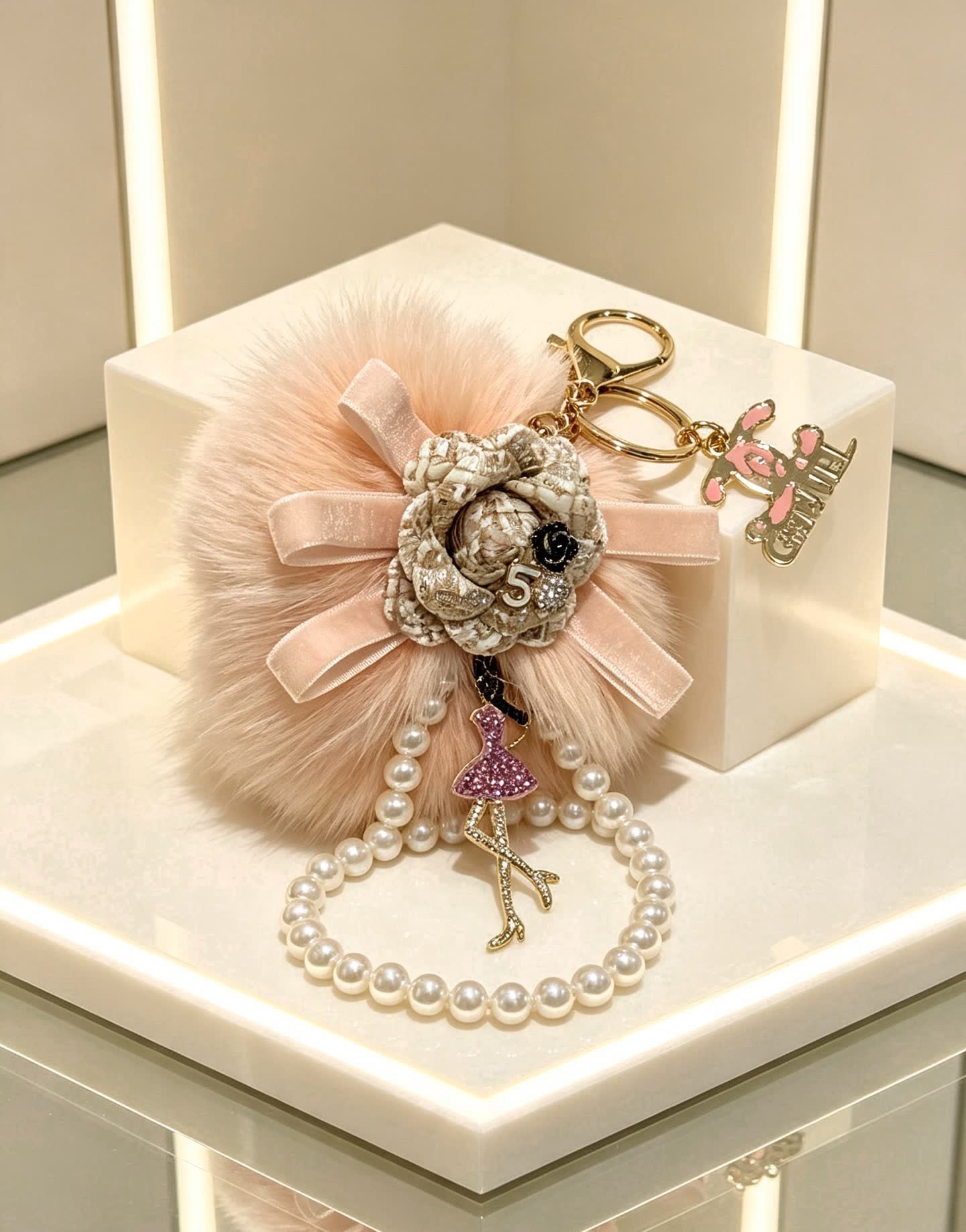 Chanel Pink Fur and Pearl Keychain