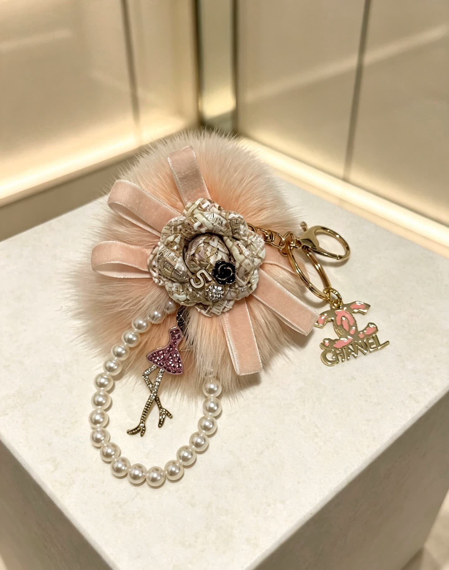 Chanel Pink Fur and Pearl Keychain