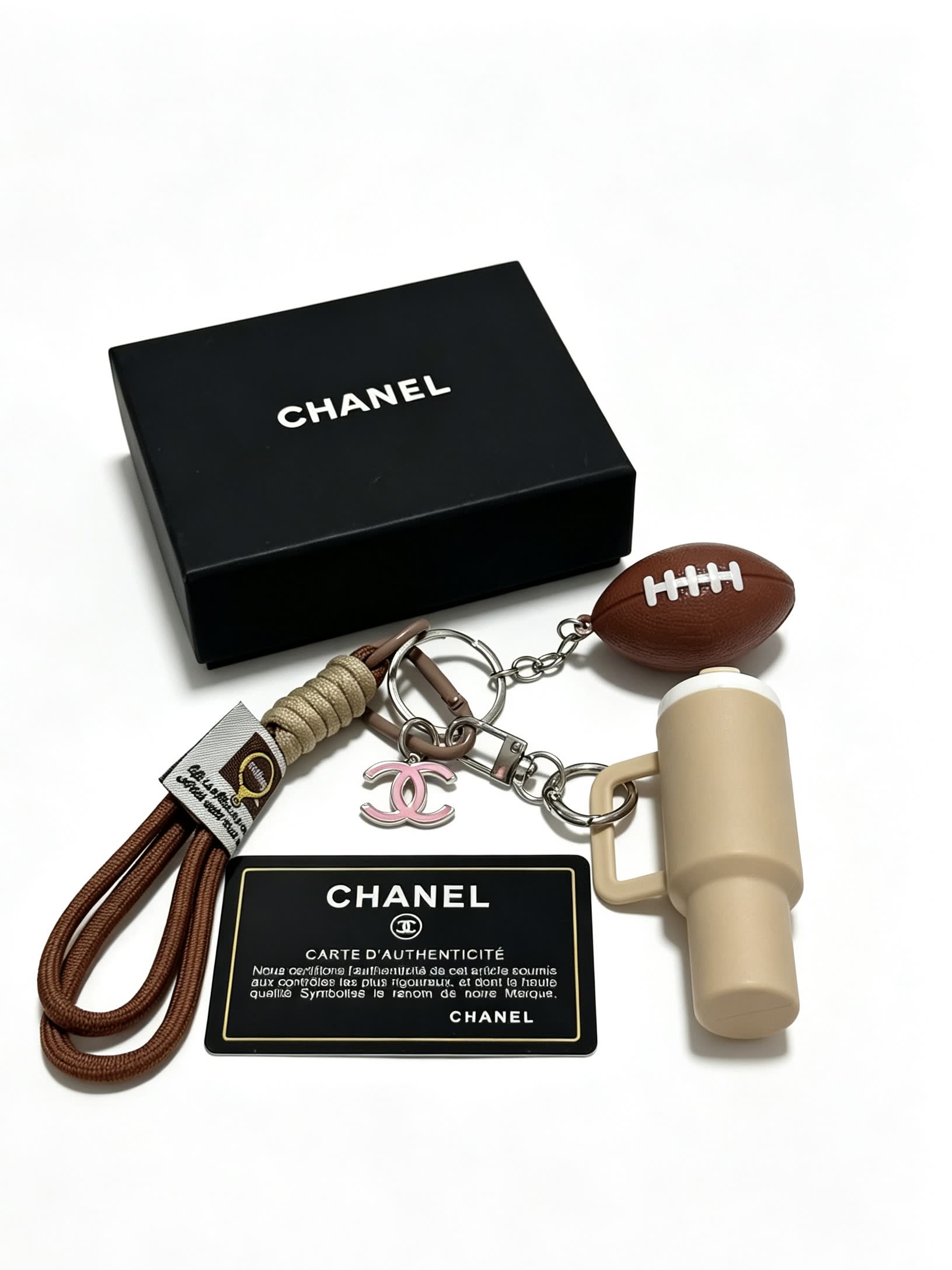Chanel Keychain with Football and Mug Charm