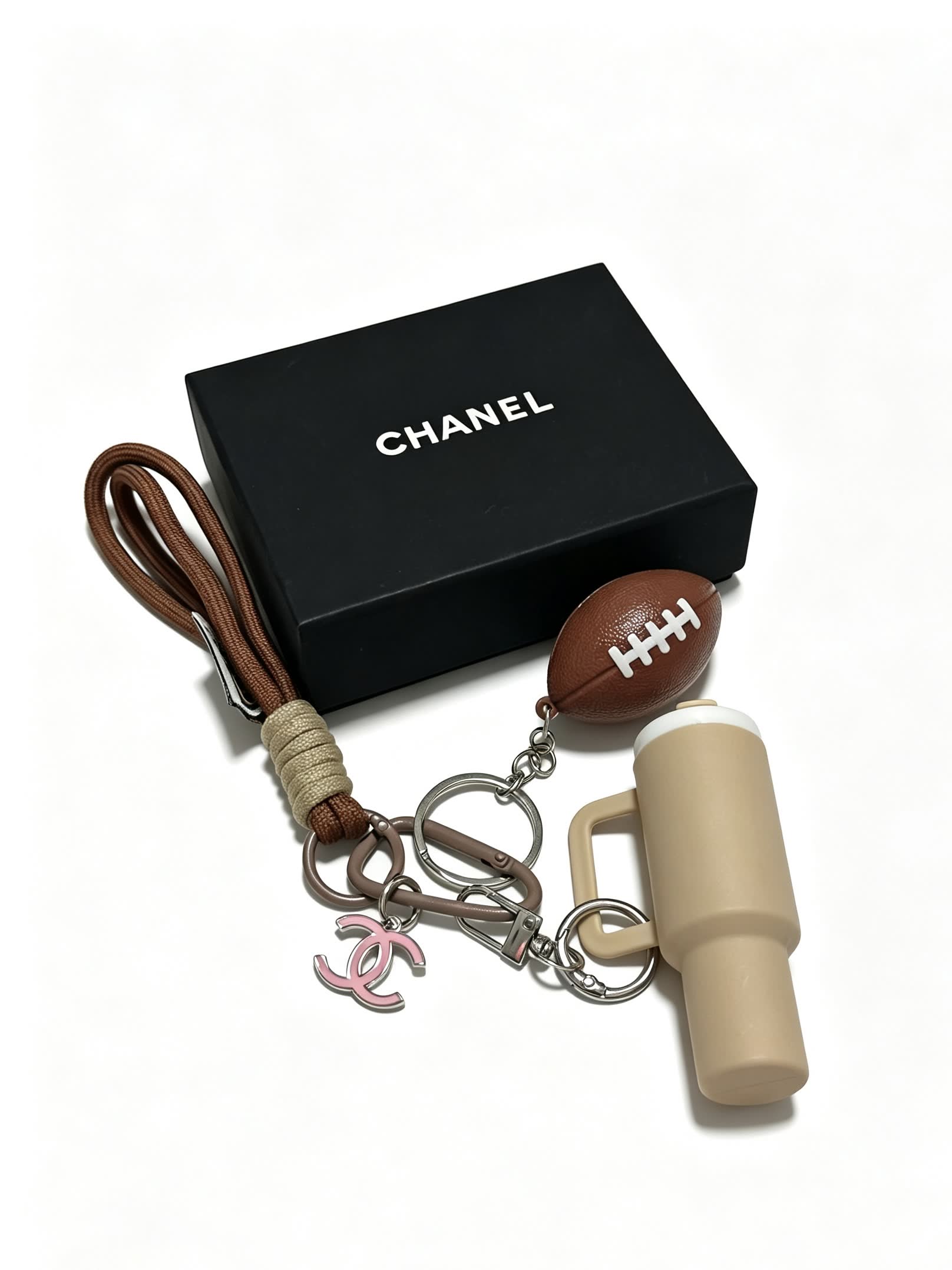 Chanel Keychain with Football and Mug Charm