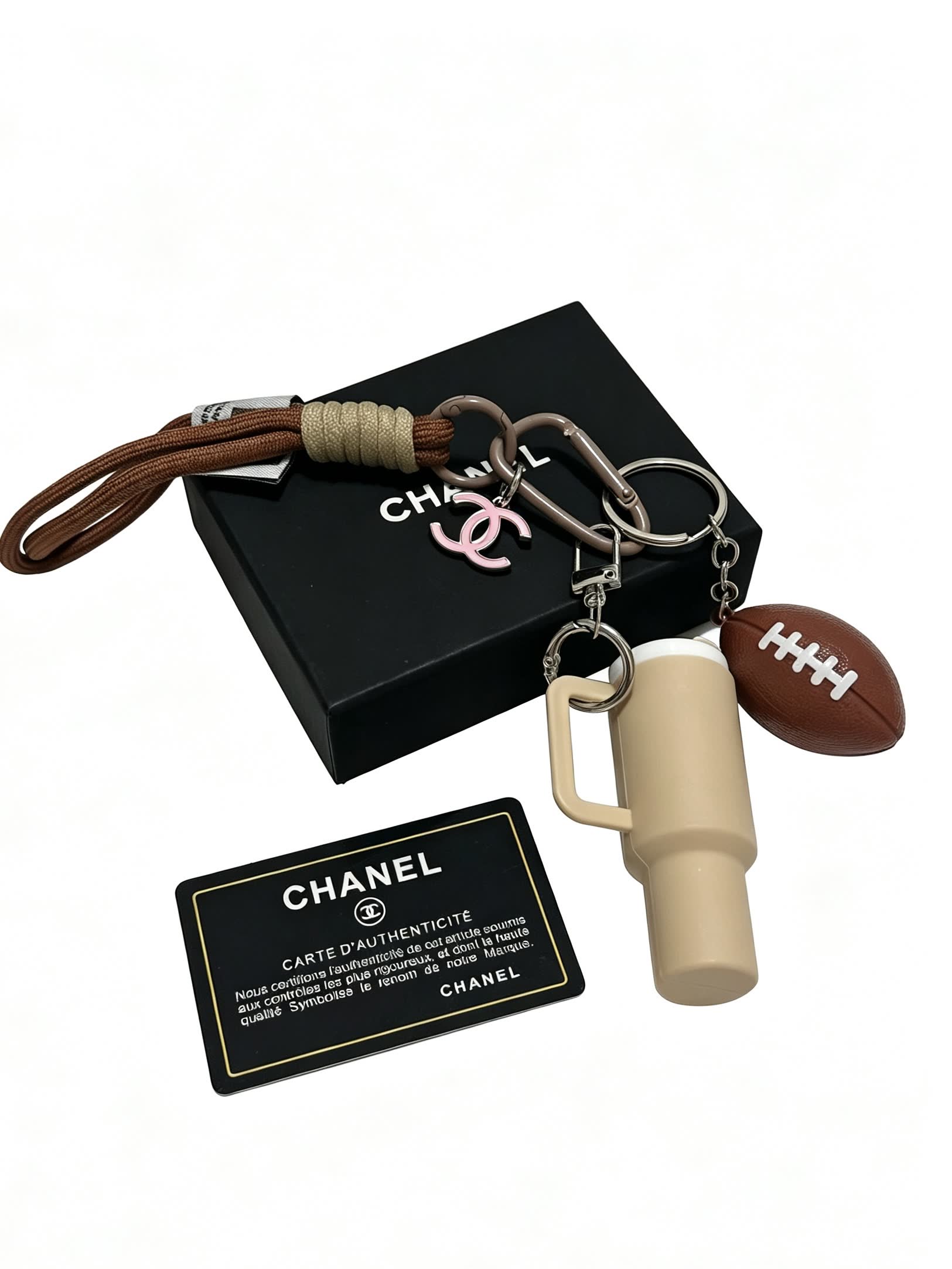 Chanel Keychain with Football and Mug Charm