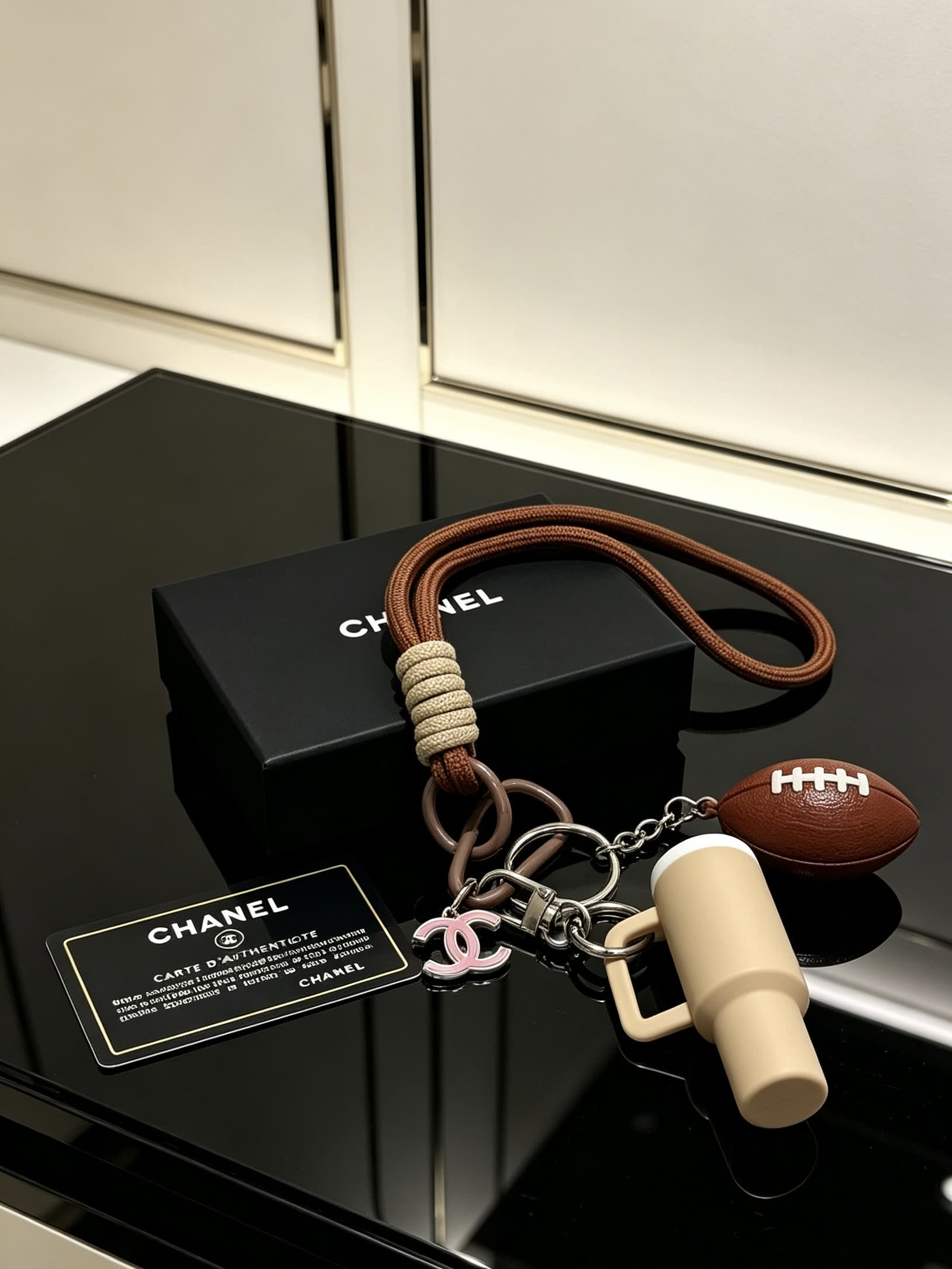 Chanel Keychain with Football and Mug Charm