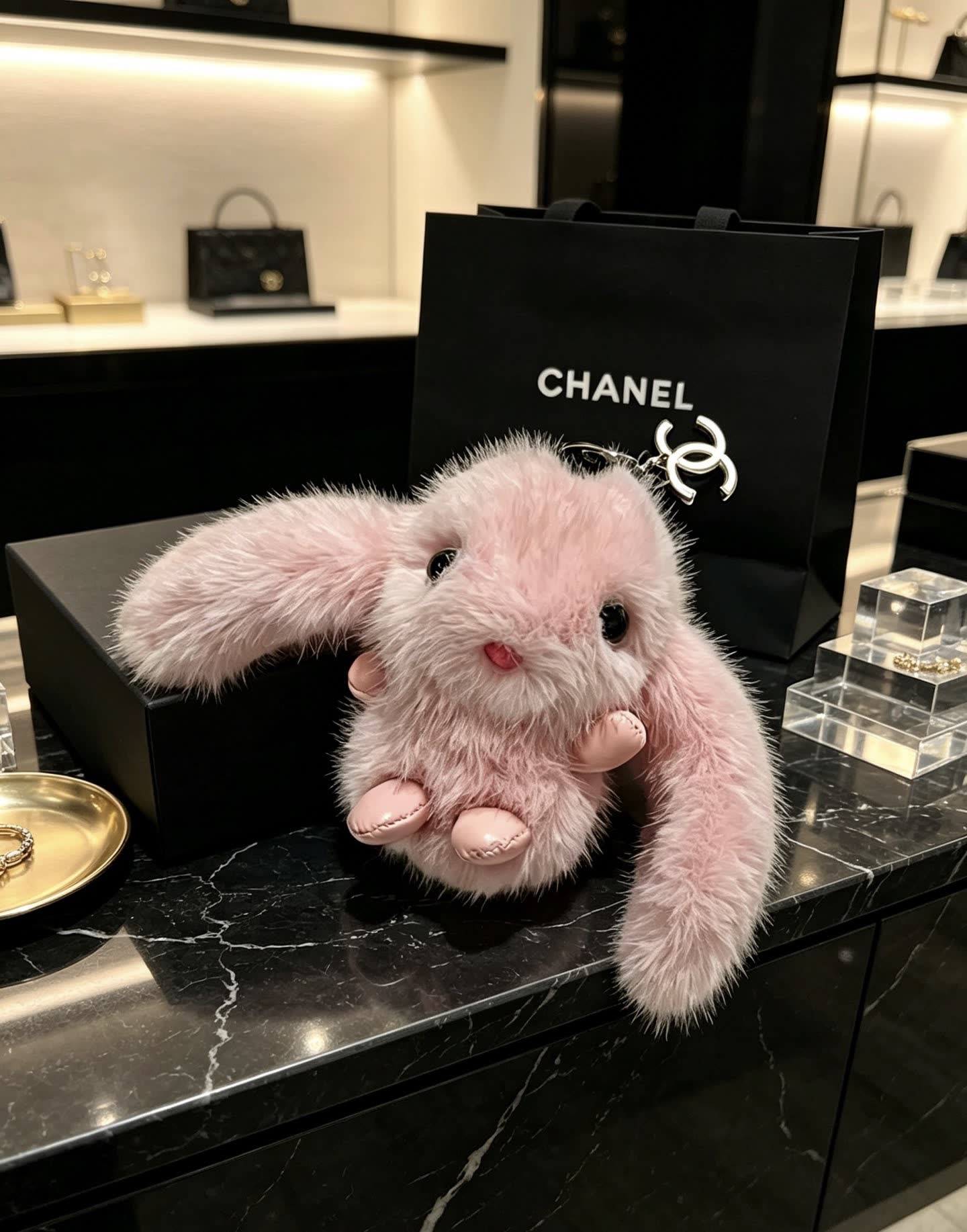 Chanel Pink Furry Bunny Keychain