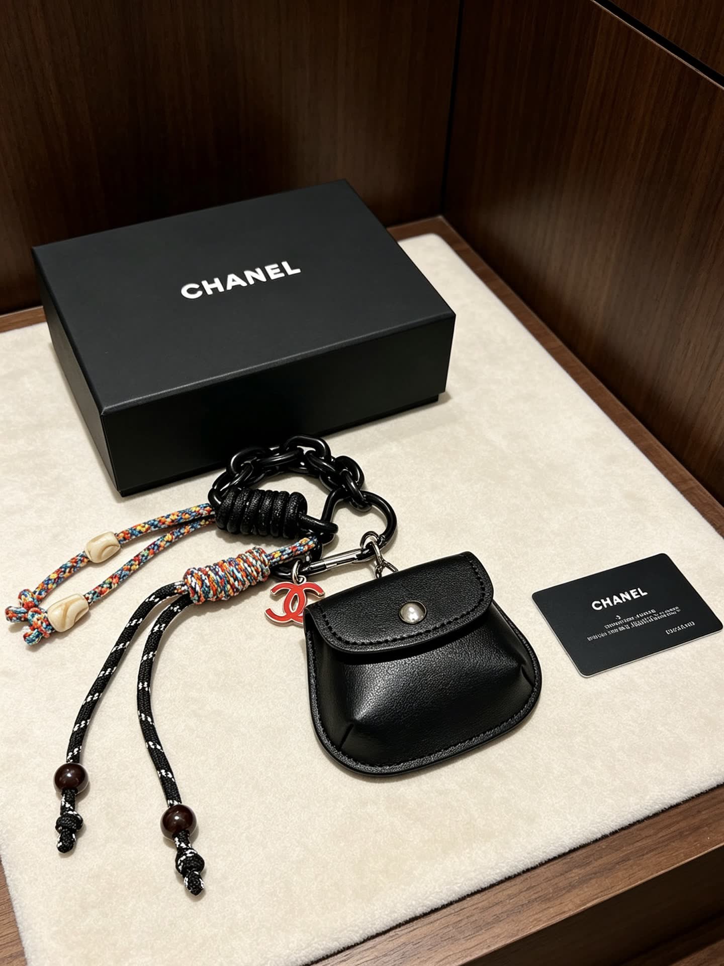 Chanel Black Leather Keychain with Chain Strap Chanel Black Leather Keychain with Chain Strap