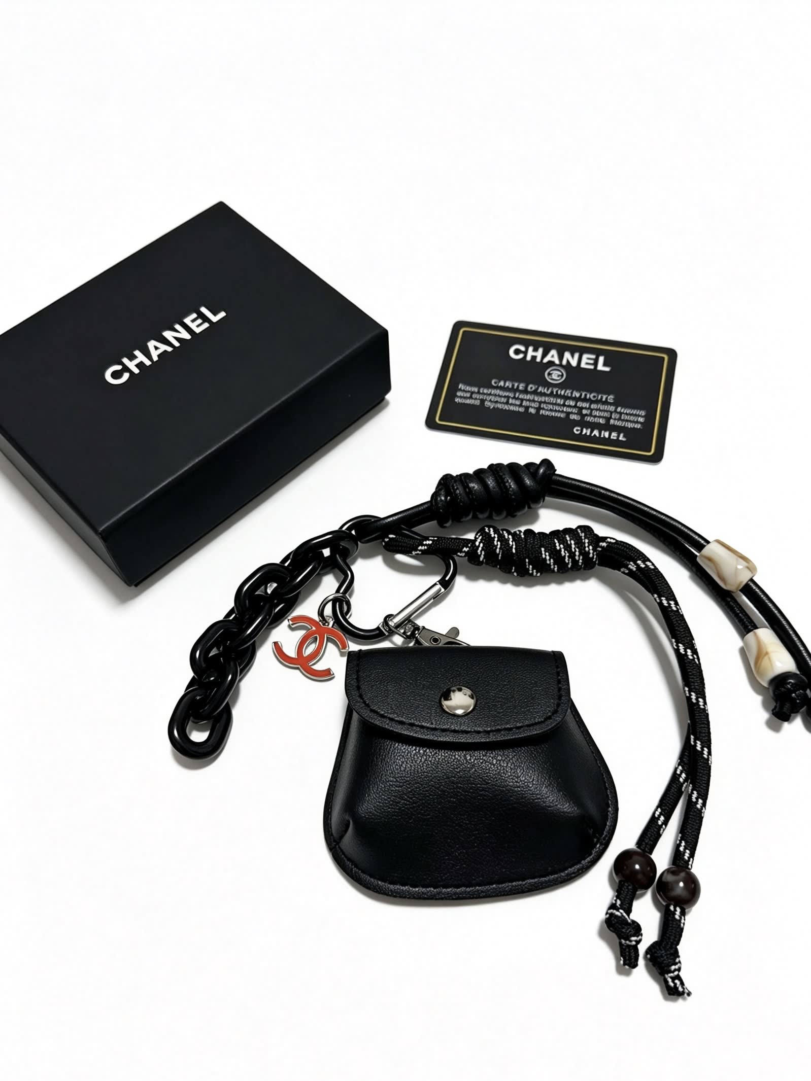 Chanel Black Leather Keychain with Chain Strap