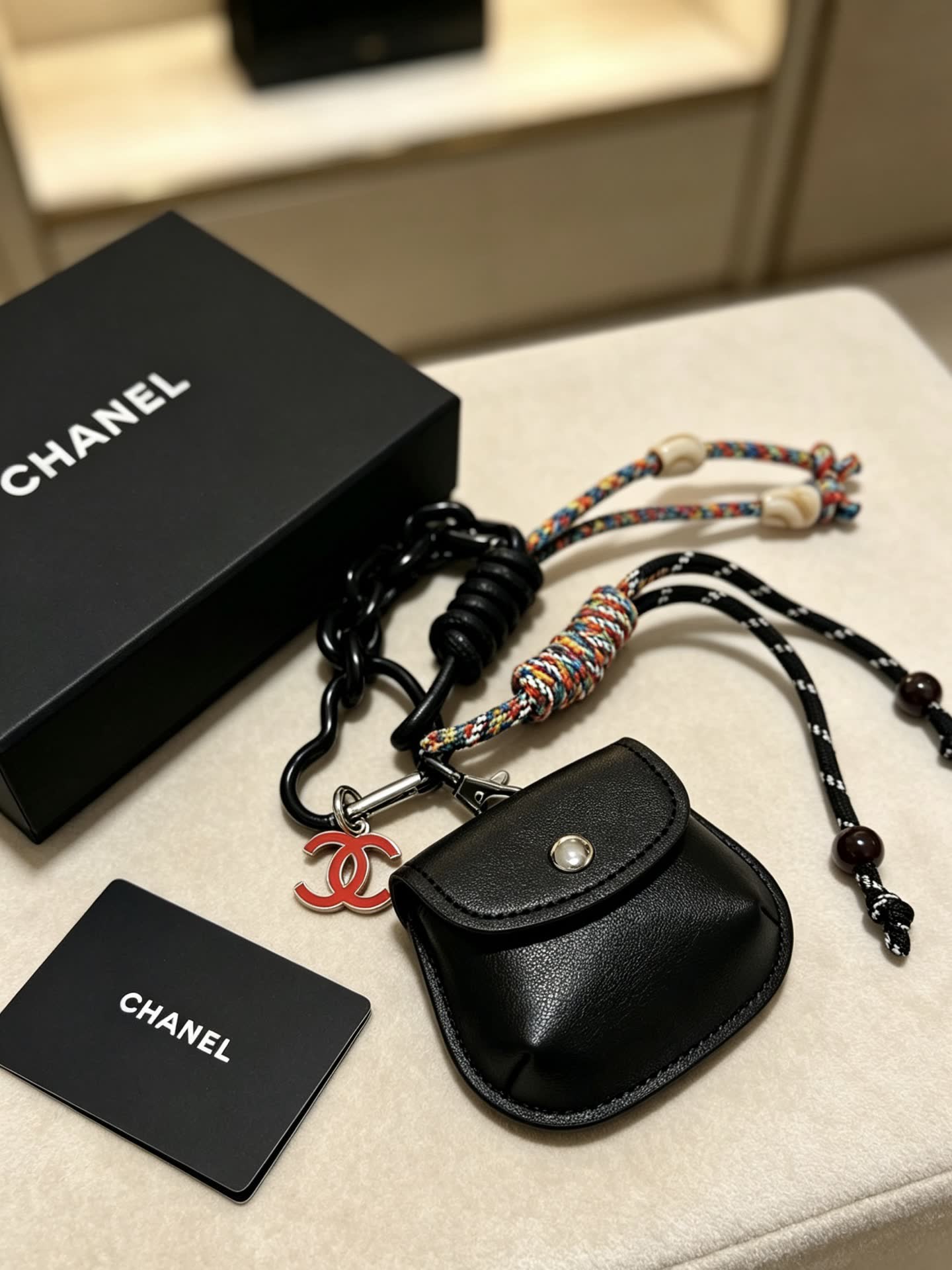 Chanel Black Leather Keychain with Chain Strap