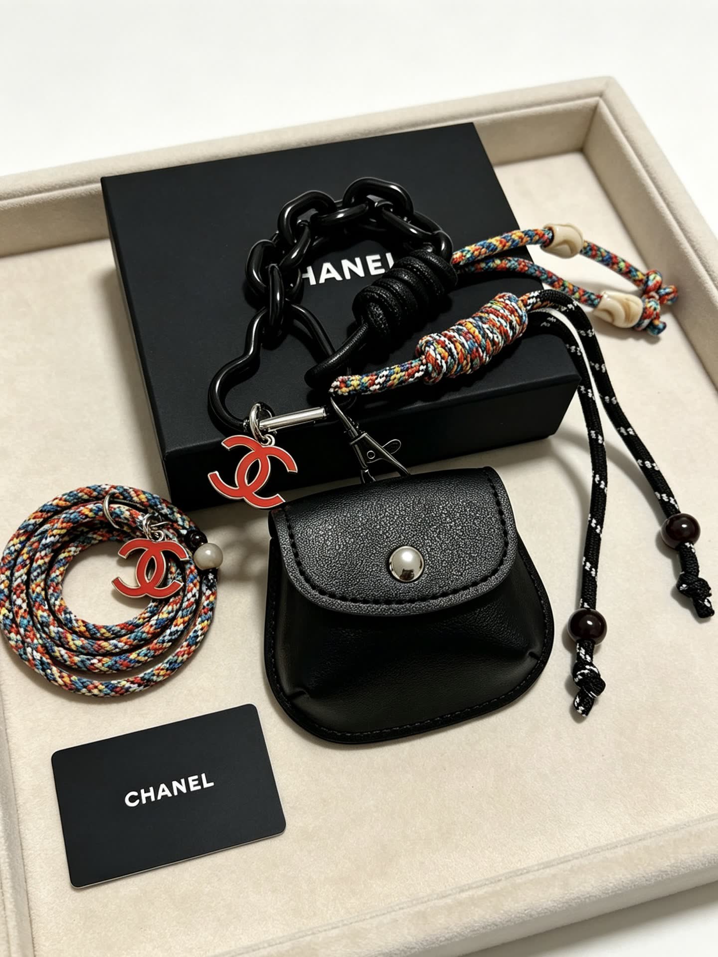 Chanel Black Leather Keychain with Chain Strap