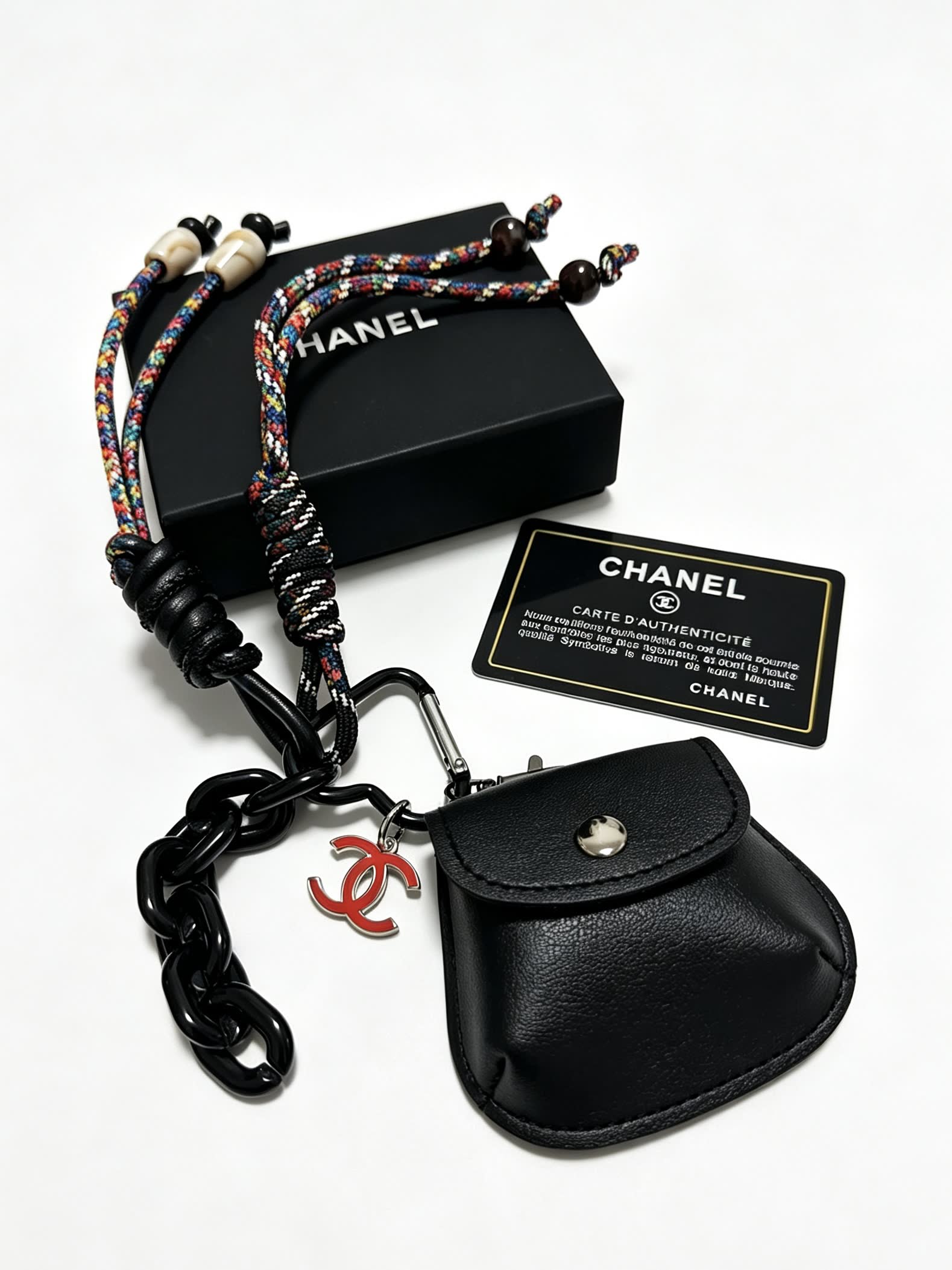 Chanel Black Leather Keychain with Chain Strap
