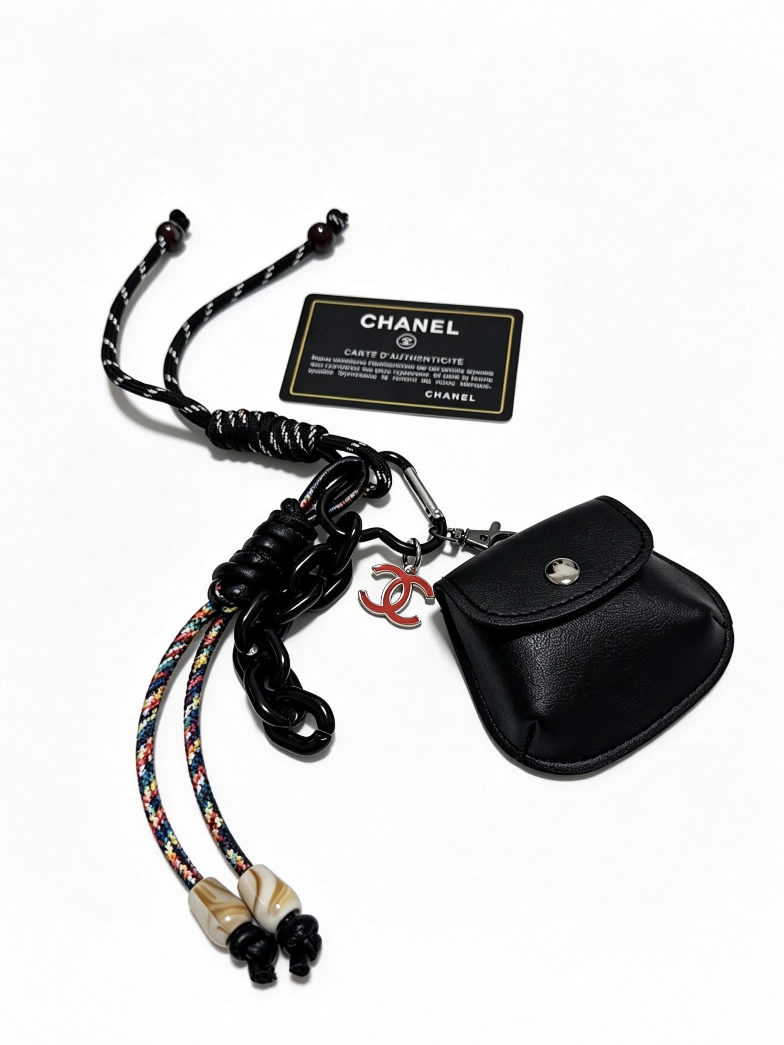 Chanel Black Leather Keychain with Chain Strap