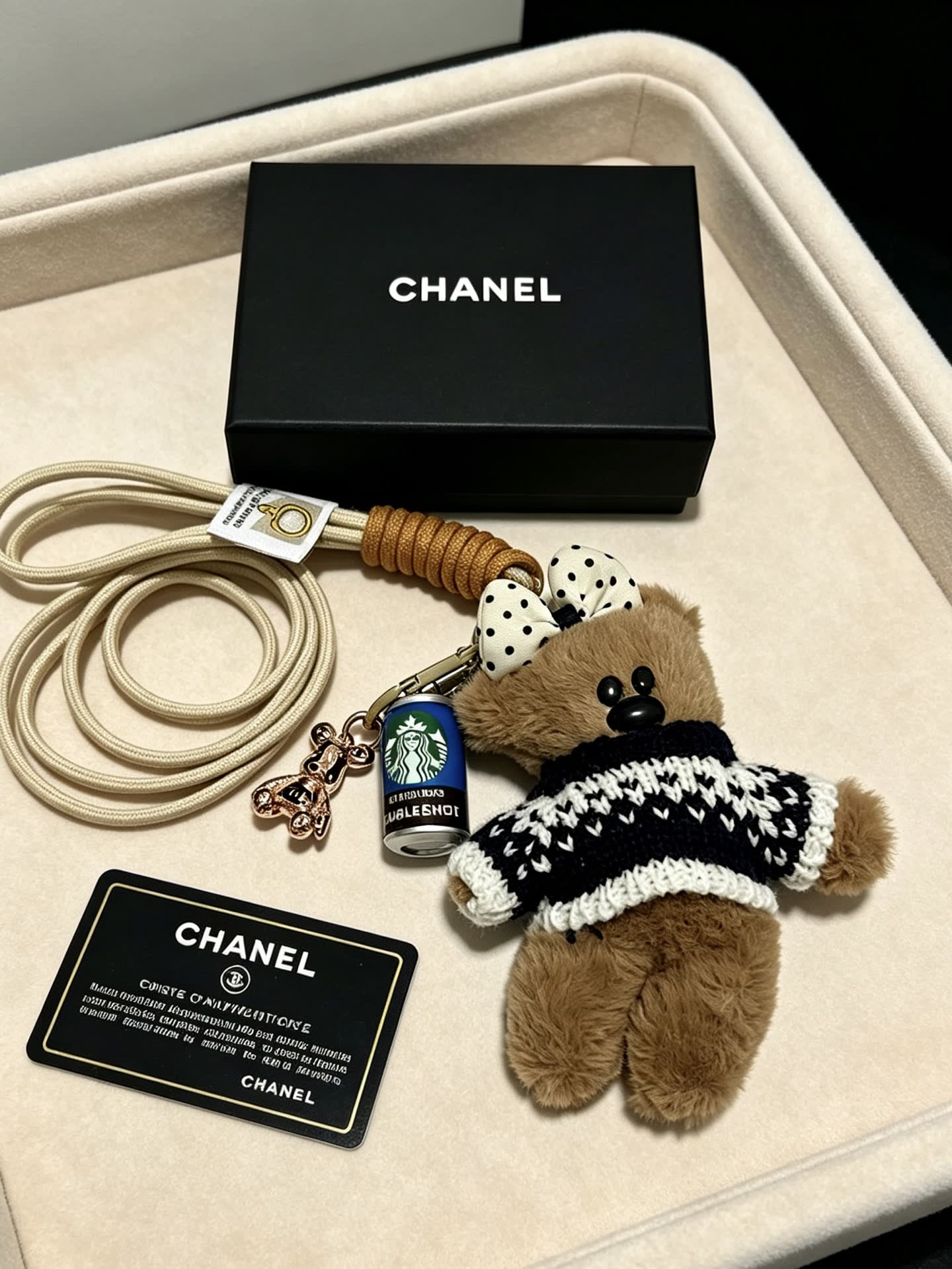 Chanel Bear Keychain with Starbucks Coffee Can Charm Chanel Bear Keychain with Starbucks Coffee Can Charm