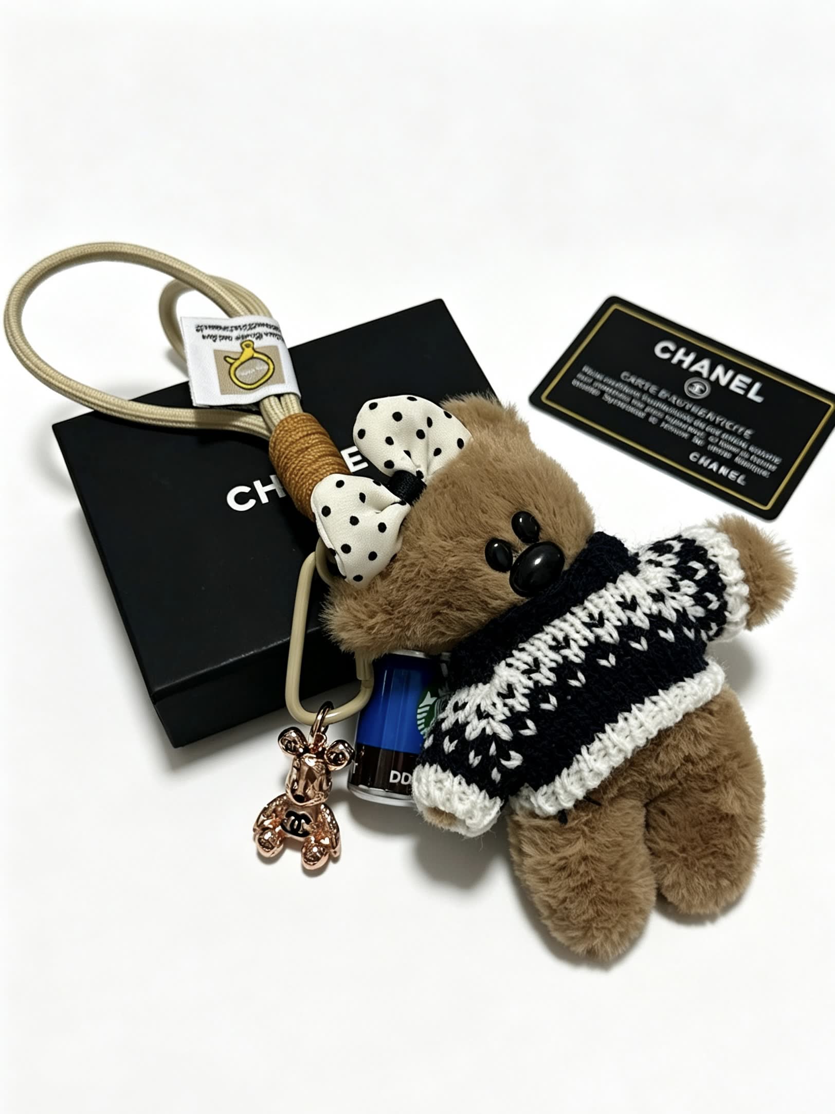 Chanel Bear Keychain with Starbucks Coffee Can Charm