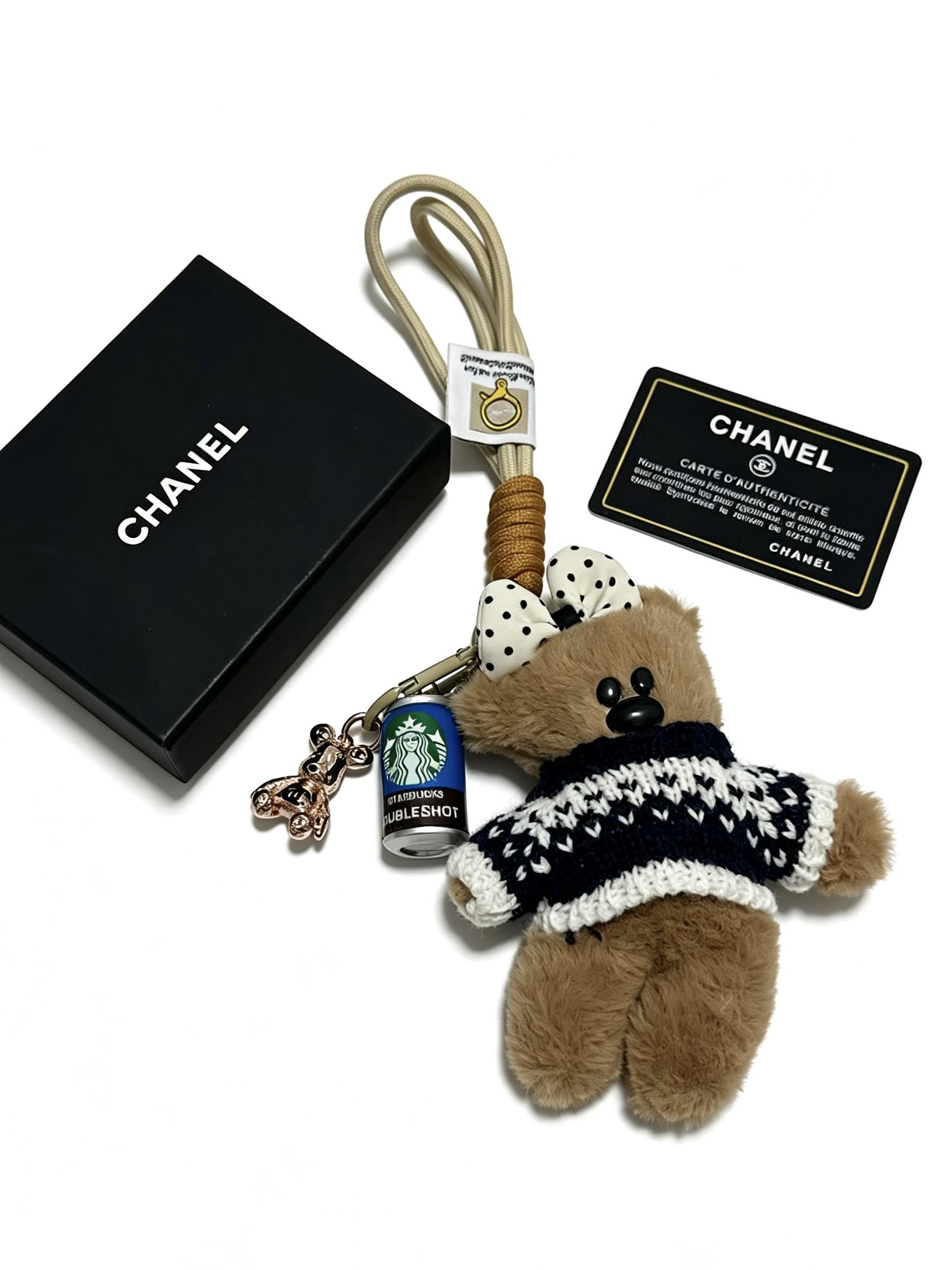 Chanel Bear Keychain with Starbucks Coffee Can Charm