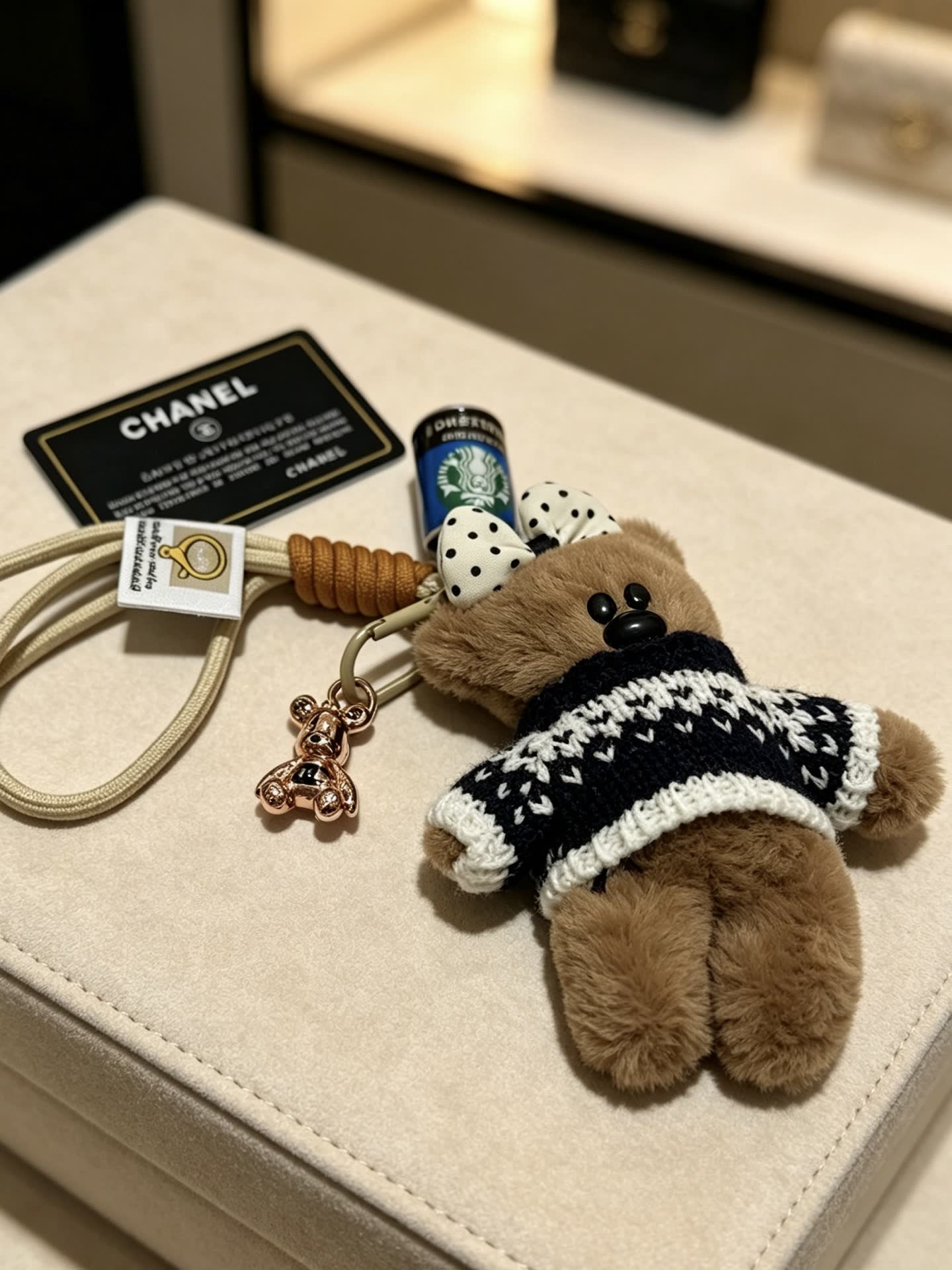 Chanel Bear Keychain with Starbucks Coffee Can Charm