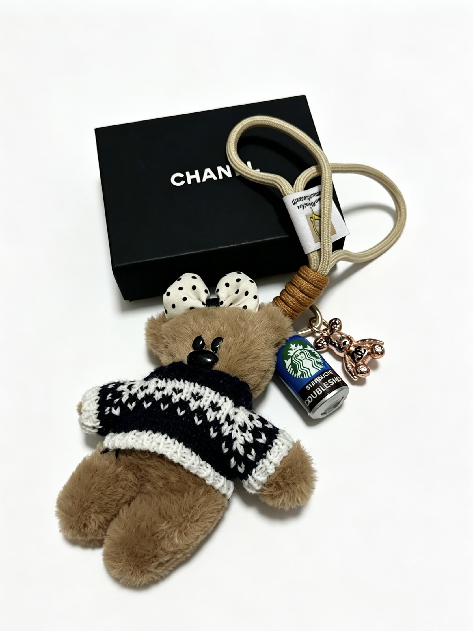 Chanel Bear Keychain with Starbucks Coffee Can Charm