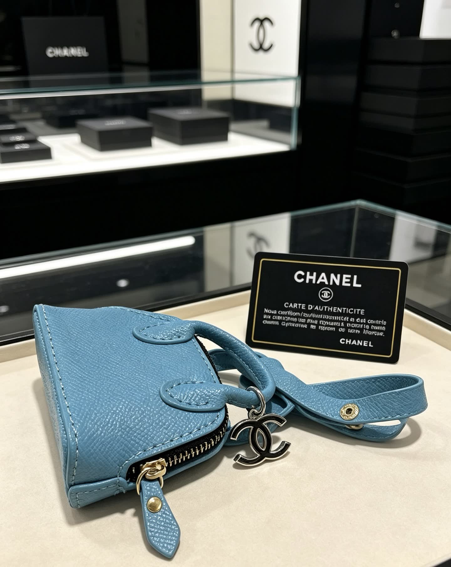 Chanel Blue Leather Keychain