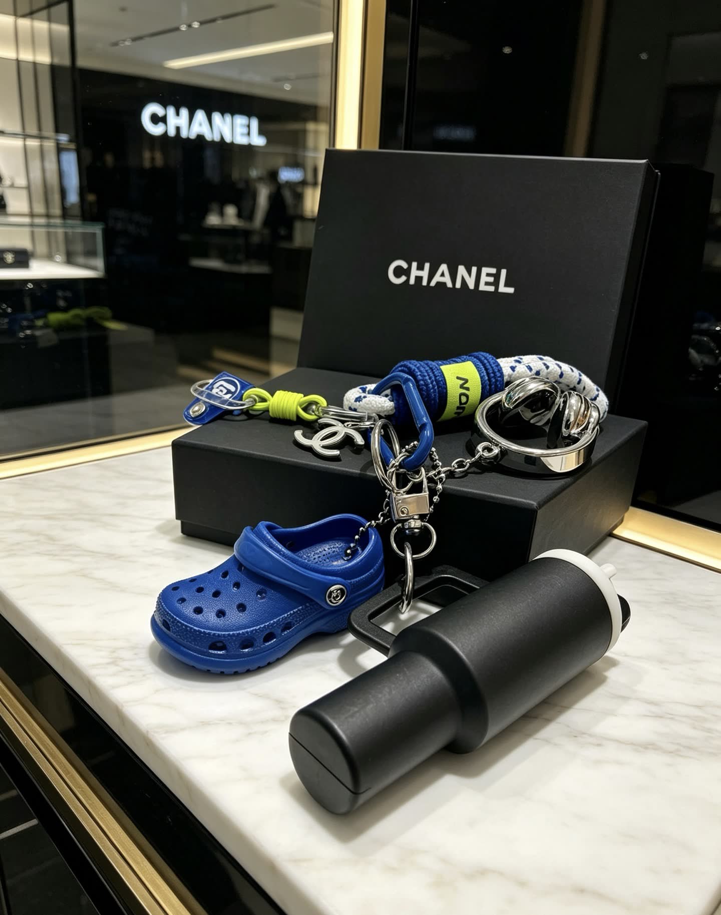 Chanel Keychain with Croc Shoe and Headphones Charm
