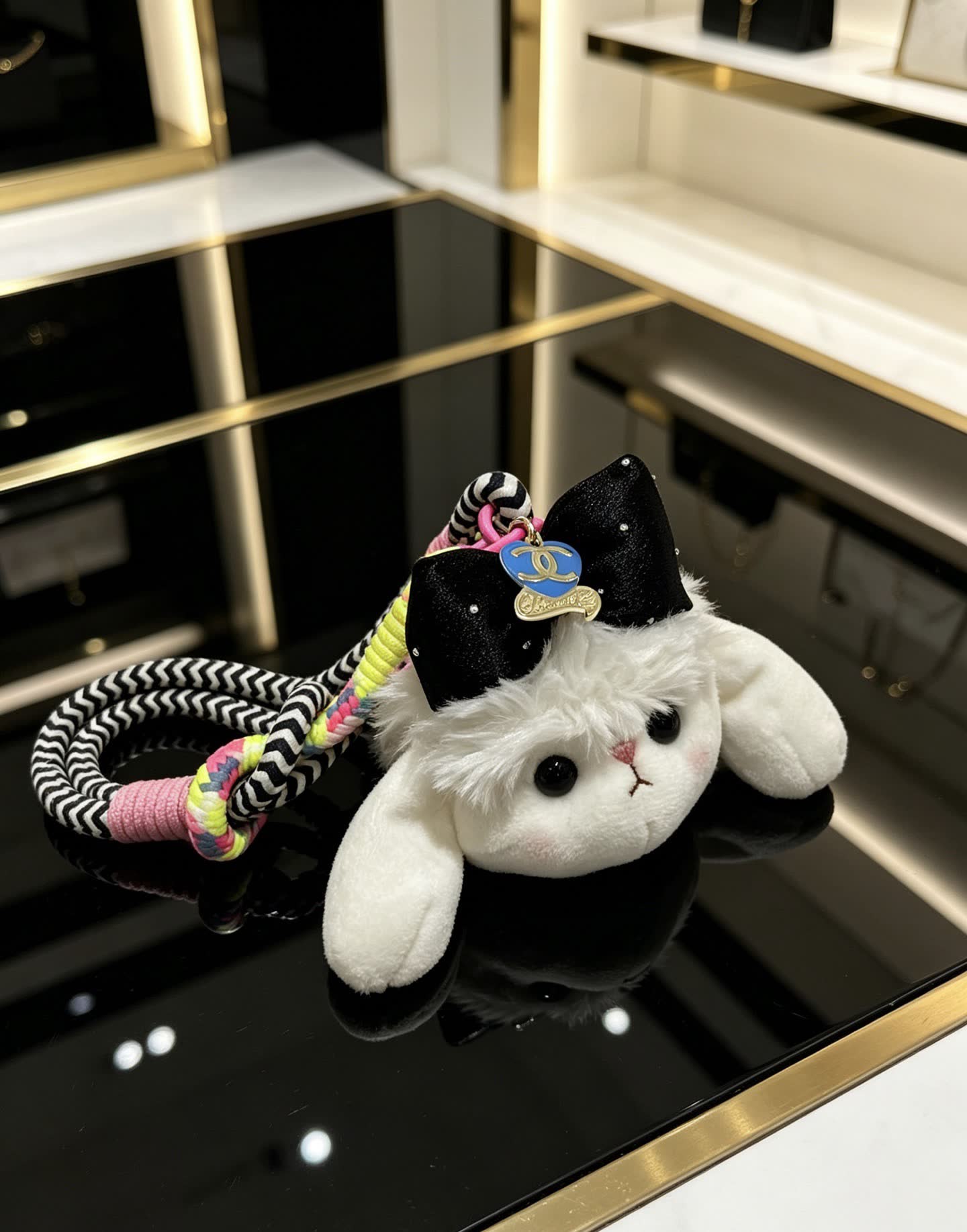 Chanel White Rabbit Charm with Black Bow and CC Logo