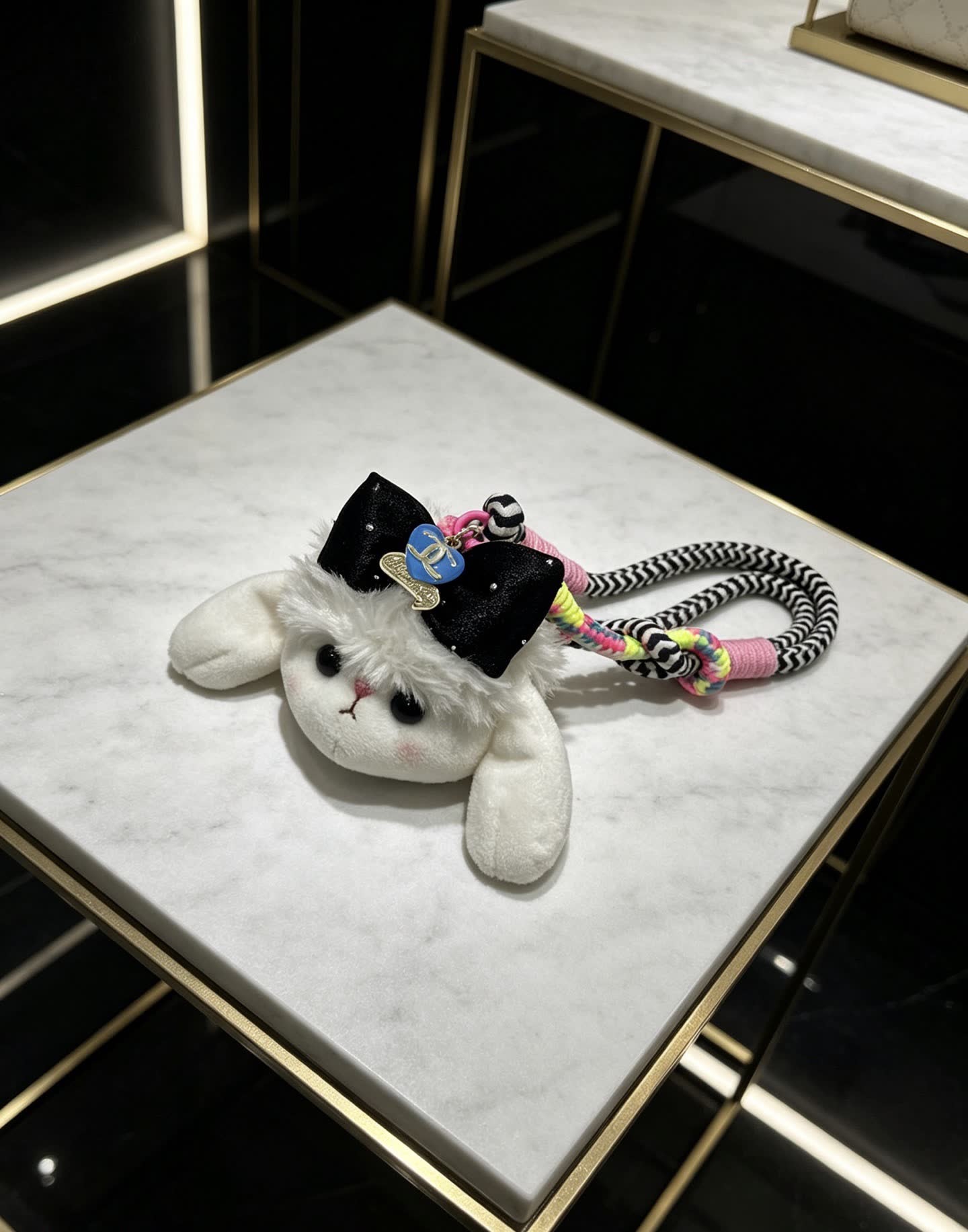 Chanel White Rabbit Charm with Black Bow and CC Logo