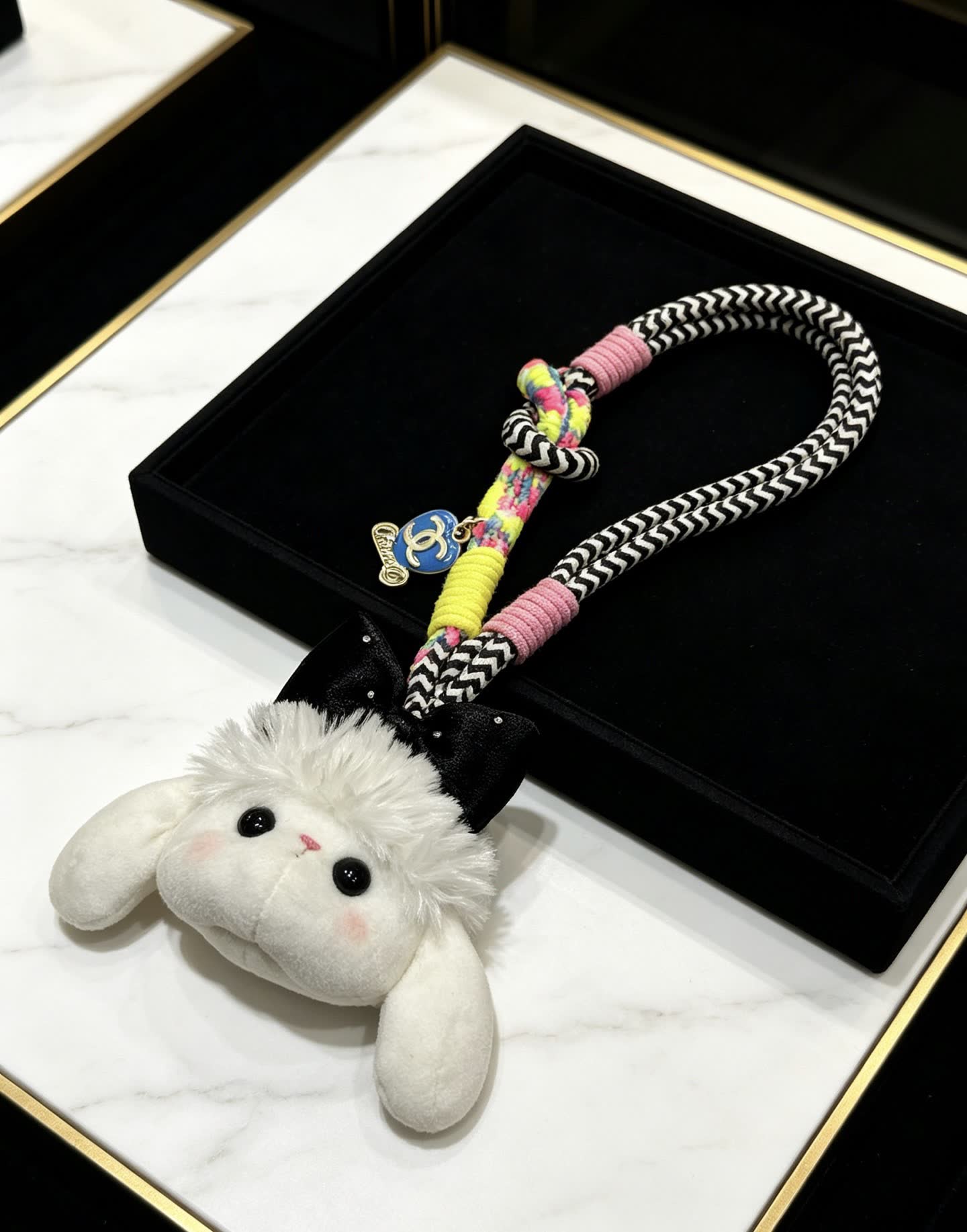 Chanel White Rabbit Charm with Black Bow and CC Logo